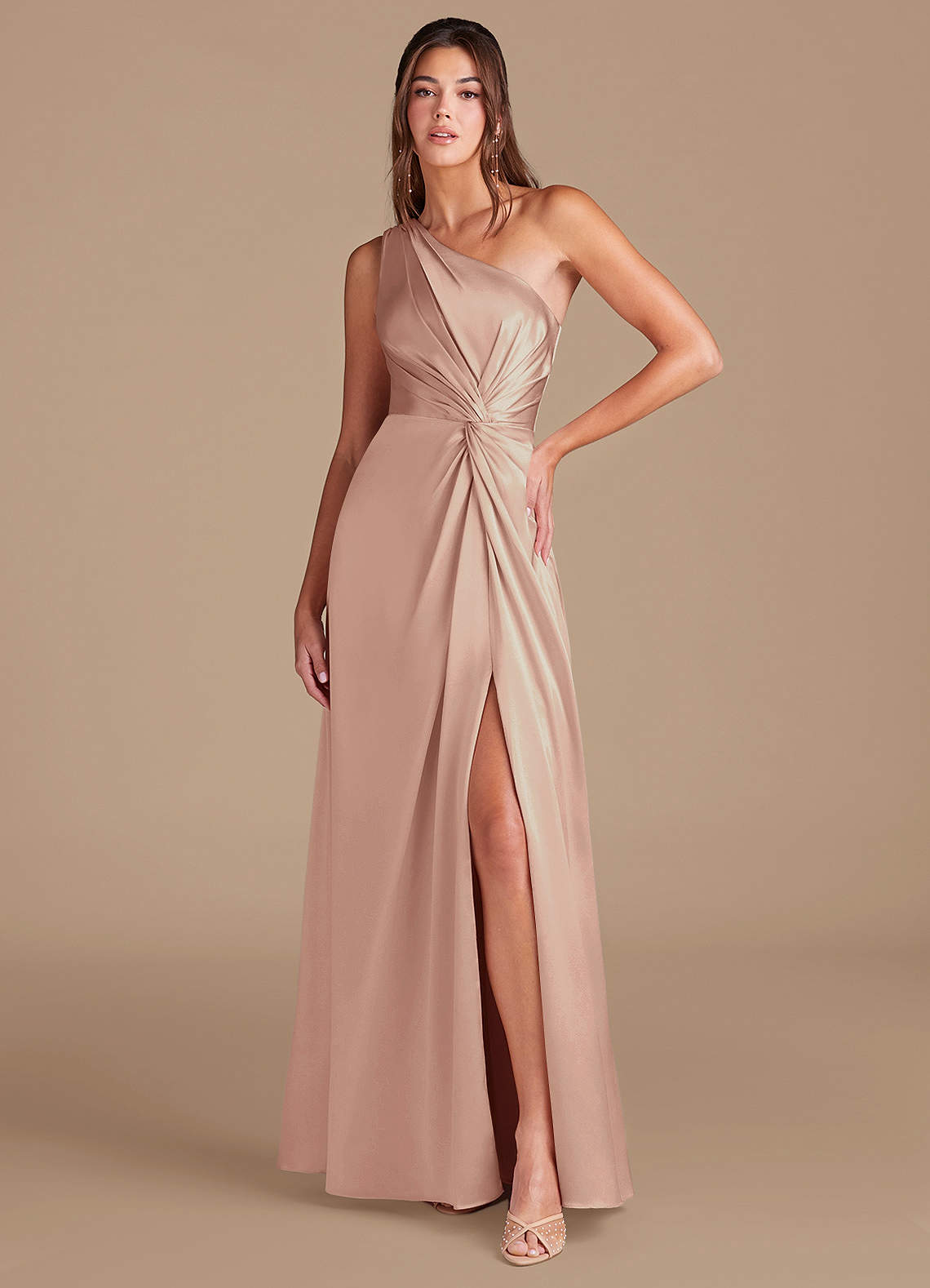 Azazie Brooke Bridesmaid Dresses English Rose A-Line One Shoulder Metallic Satin Dress image1