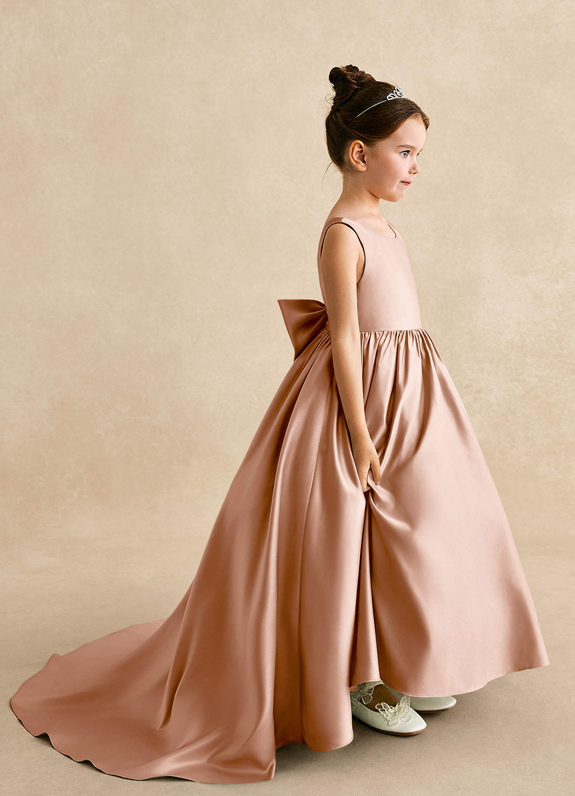 Azazie Mimia Flower Girl Dresses Champagne Rose A-Line Bow Matte Satin Dress image1