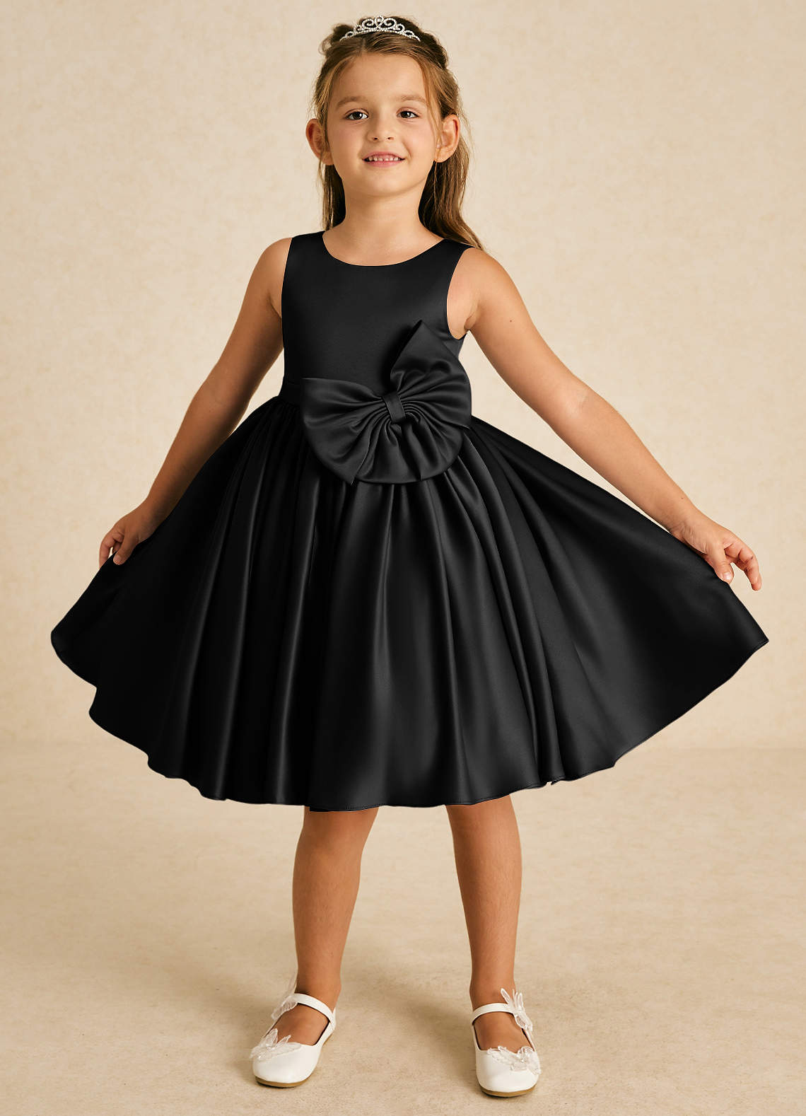 Azazie Apple Flower Girl Dresses Black A-Line Bow Matte Satin Dress image1