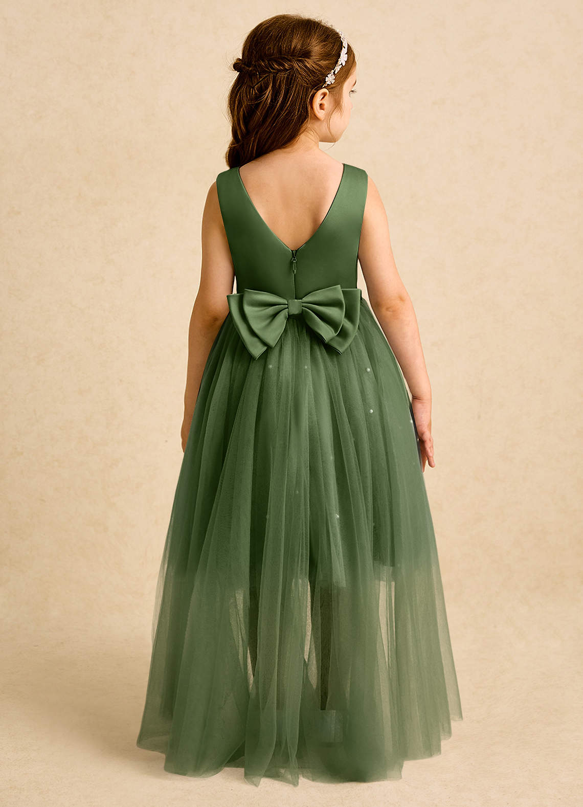 Azazie Bell Blumenmädchenkleider Ballkleid Schleifen Tüll Kleid Olivgrün image1