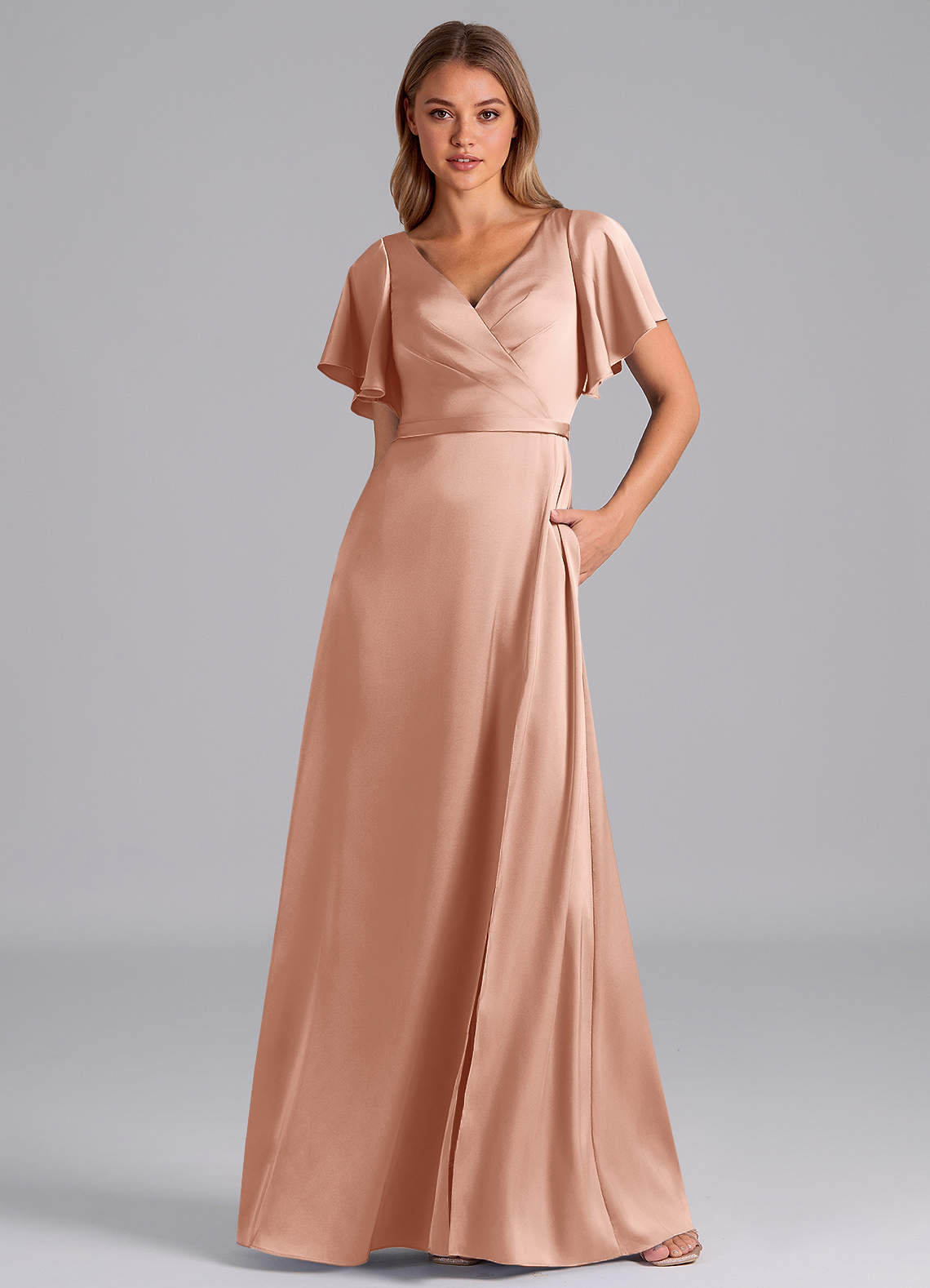 rose gold silk wrap dress Azazie Ambrosia Ready to Ship Stretch Satin Bridesmaid Dresses Occasion: Wedding Guest