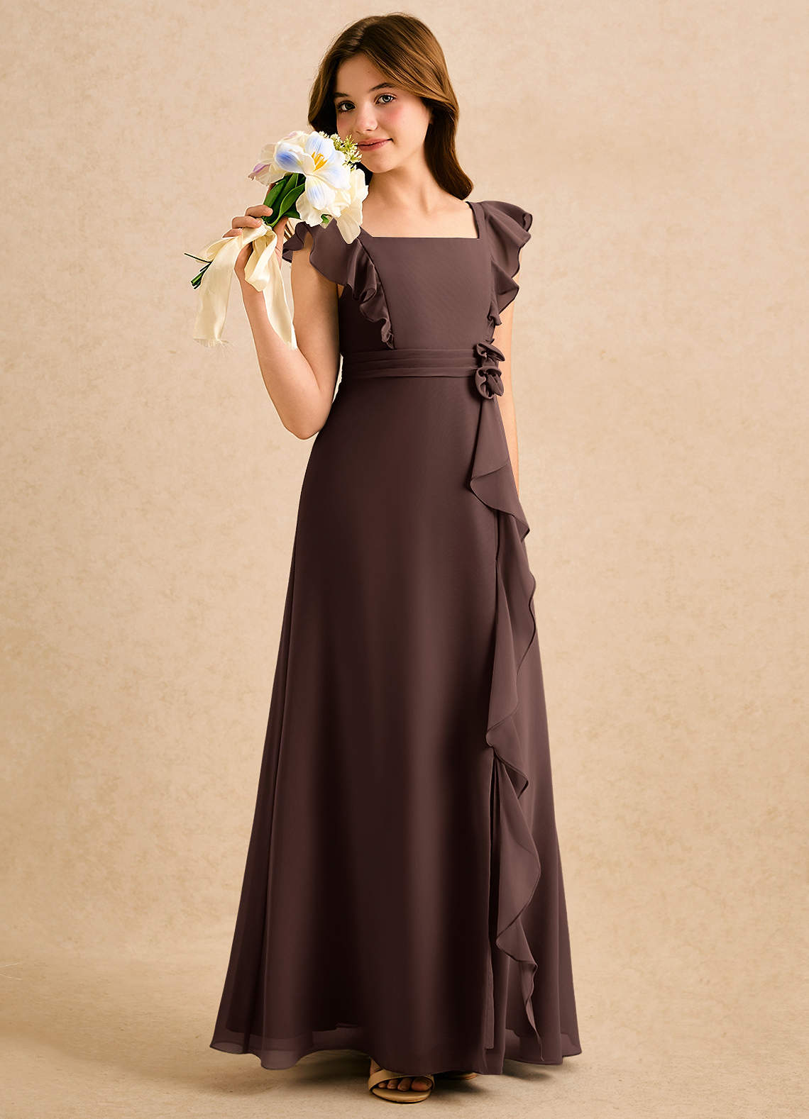 Azazie A-Line/Princess Square Neck Floor-Length Chiffon Girl Formal Dresses - Ganache