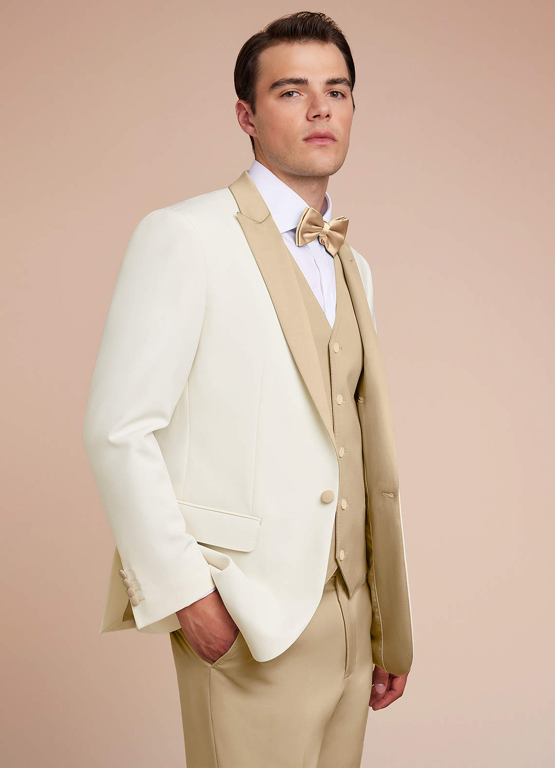 front Adrian Champagne Shawl Lapel Structured Stretch Tuxedo Jacket