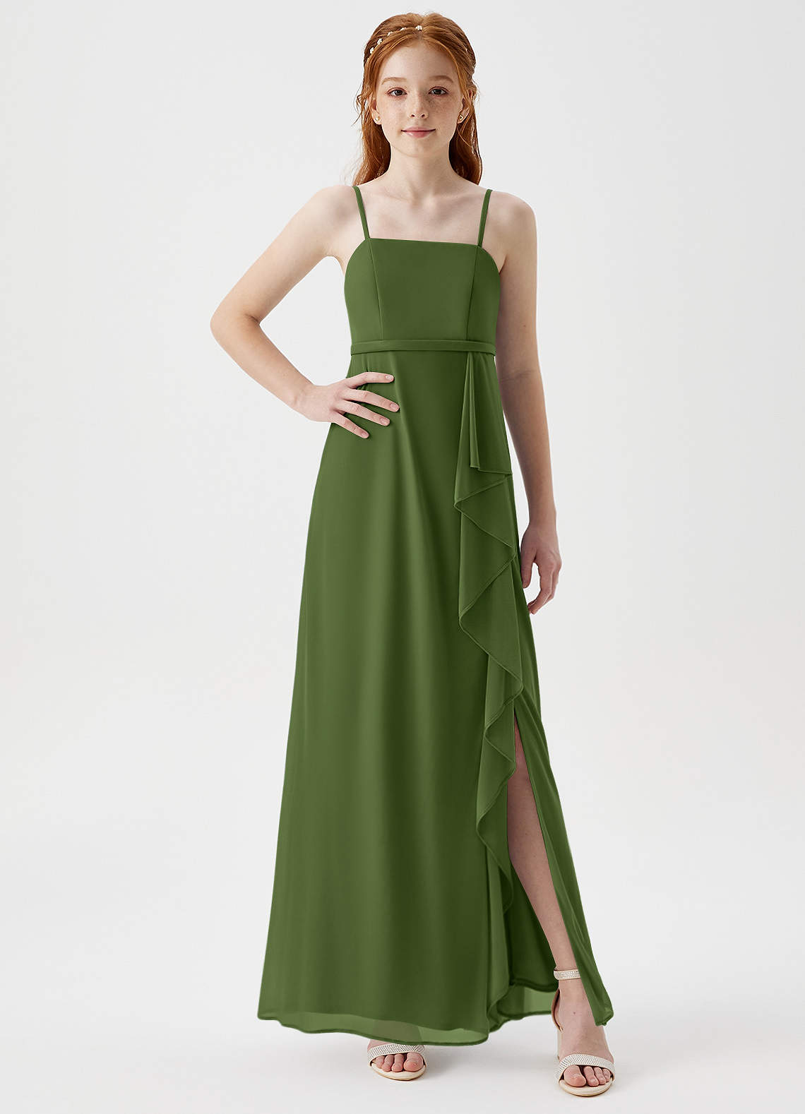Azazie Kaylee Junior A-Linie Gürtel/Schärpe Gittergewebe Kleid Olivgrün image1