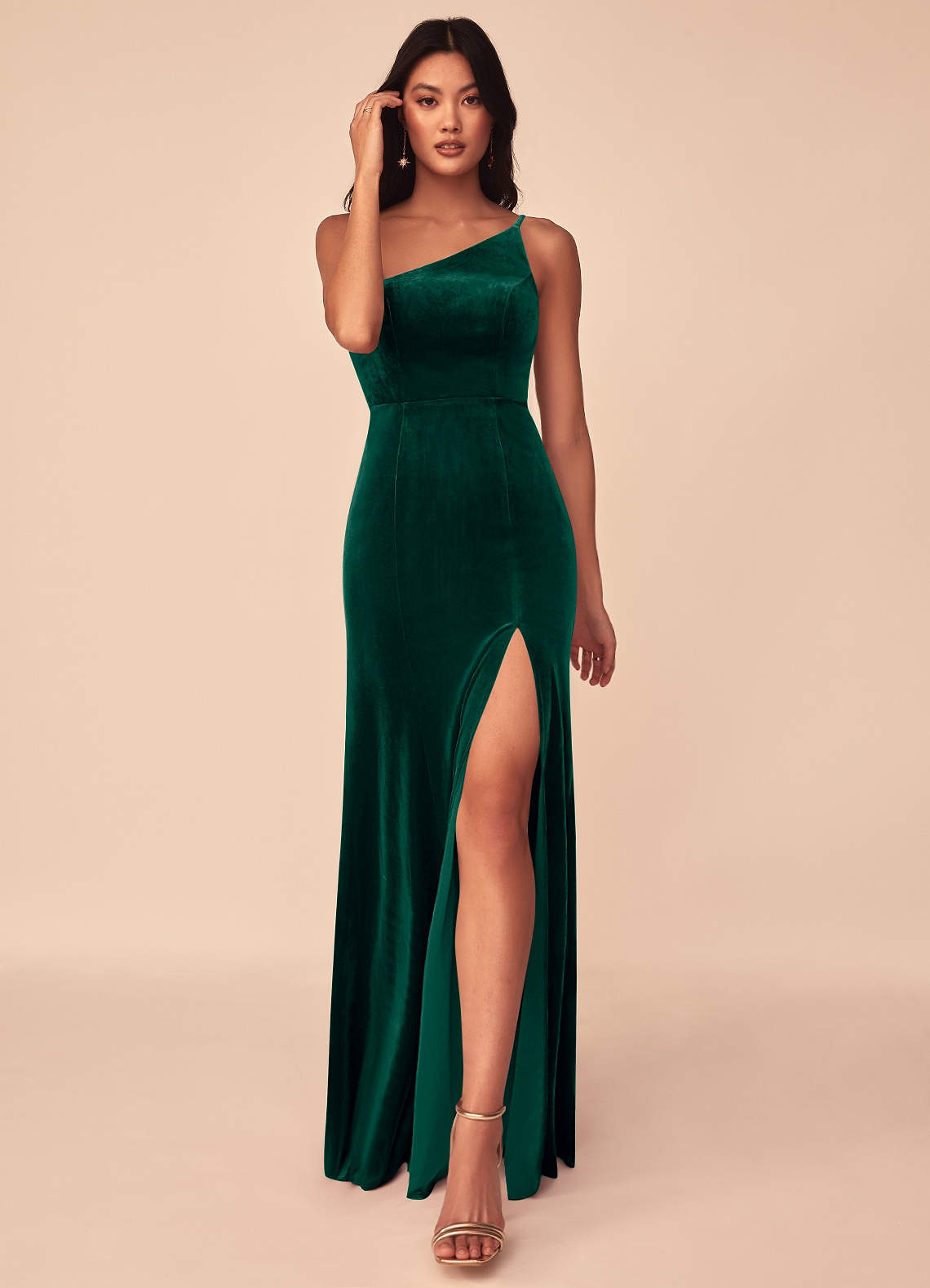 Azazie Kala Bridesmaid Dresses Emerald A-Line One Shoulder Velvet Dress image1