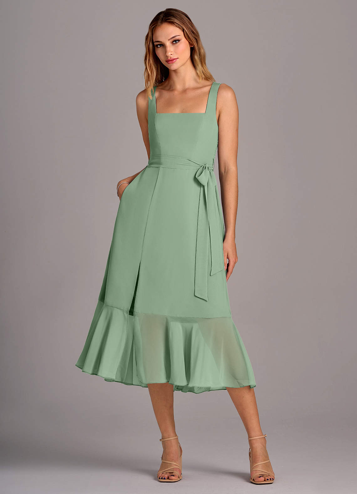 Azazie Deb Bridesmaid Dresses Matcha A-Line with Pockets Chiffon Convertible Dress image1