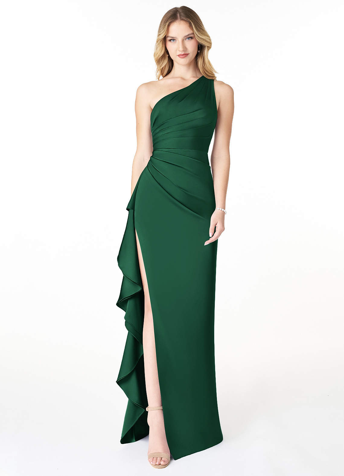 Azazie Latrice Bridesmaid Dresses Dark Green Sheath One Shoulder Cascading Ruffles Stretch Satin Dress image1