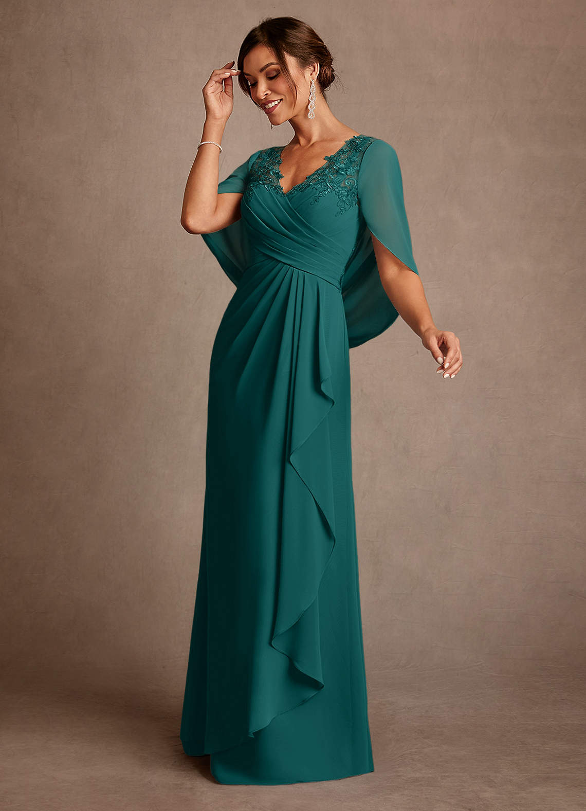 peacock lace dress Peacock Blue Round Neck Chiffon A-Line Long Mother of the Bride Dress with  Lace