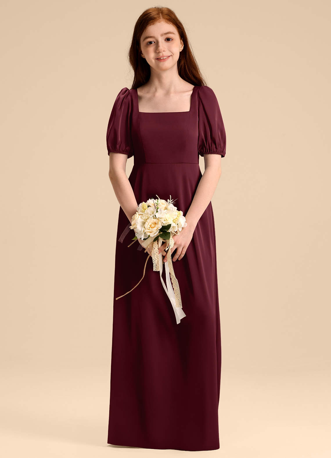 Azazie Briar Junior Vestido de Cabernet de Satén Elástico de Corte en A con Lazo image1