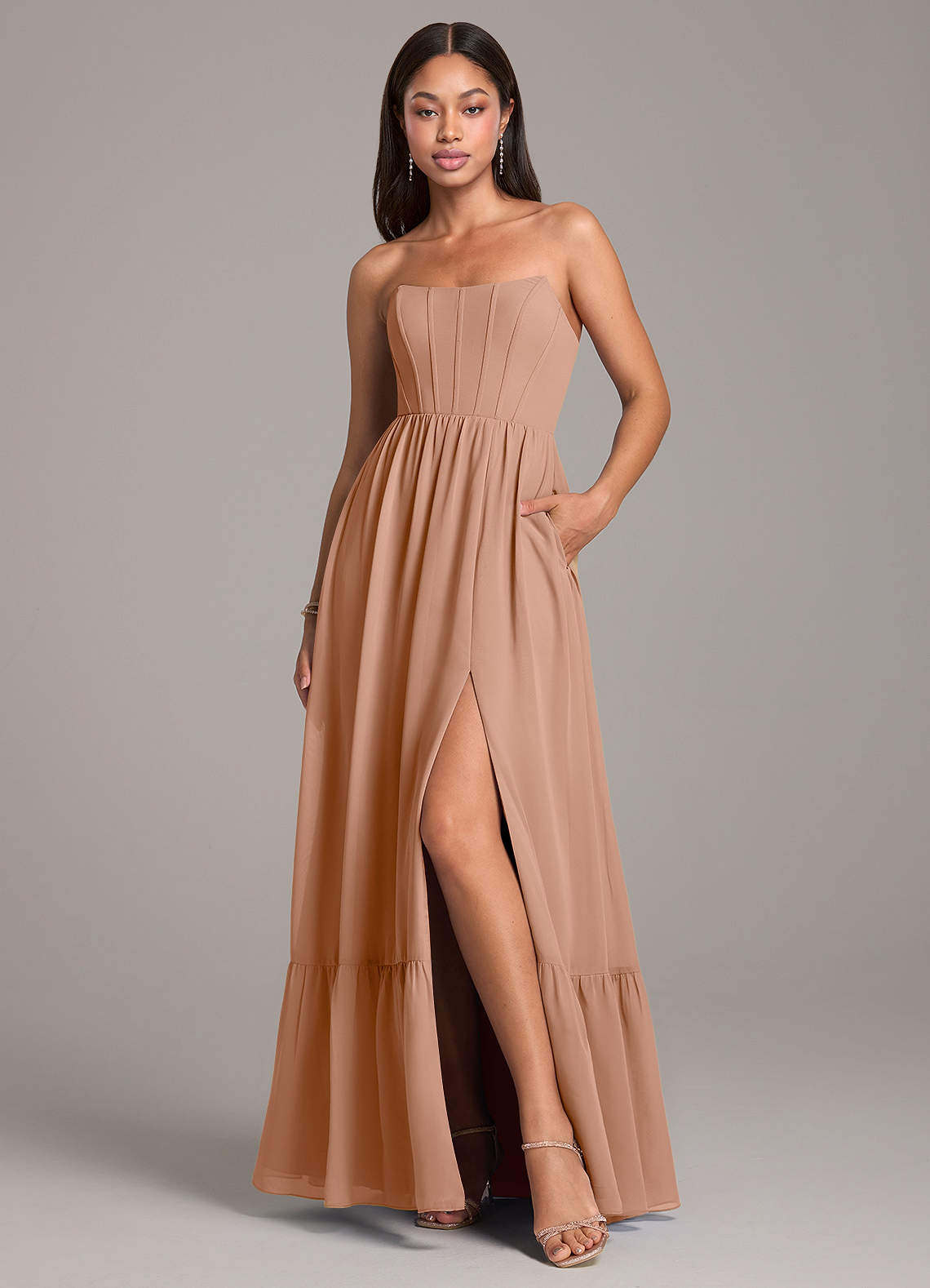 Azazie Kailee Bridesmaid Dresses Champagne Rose A-Line with Pockets Chiffon Dress image1