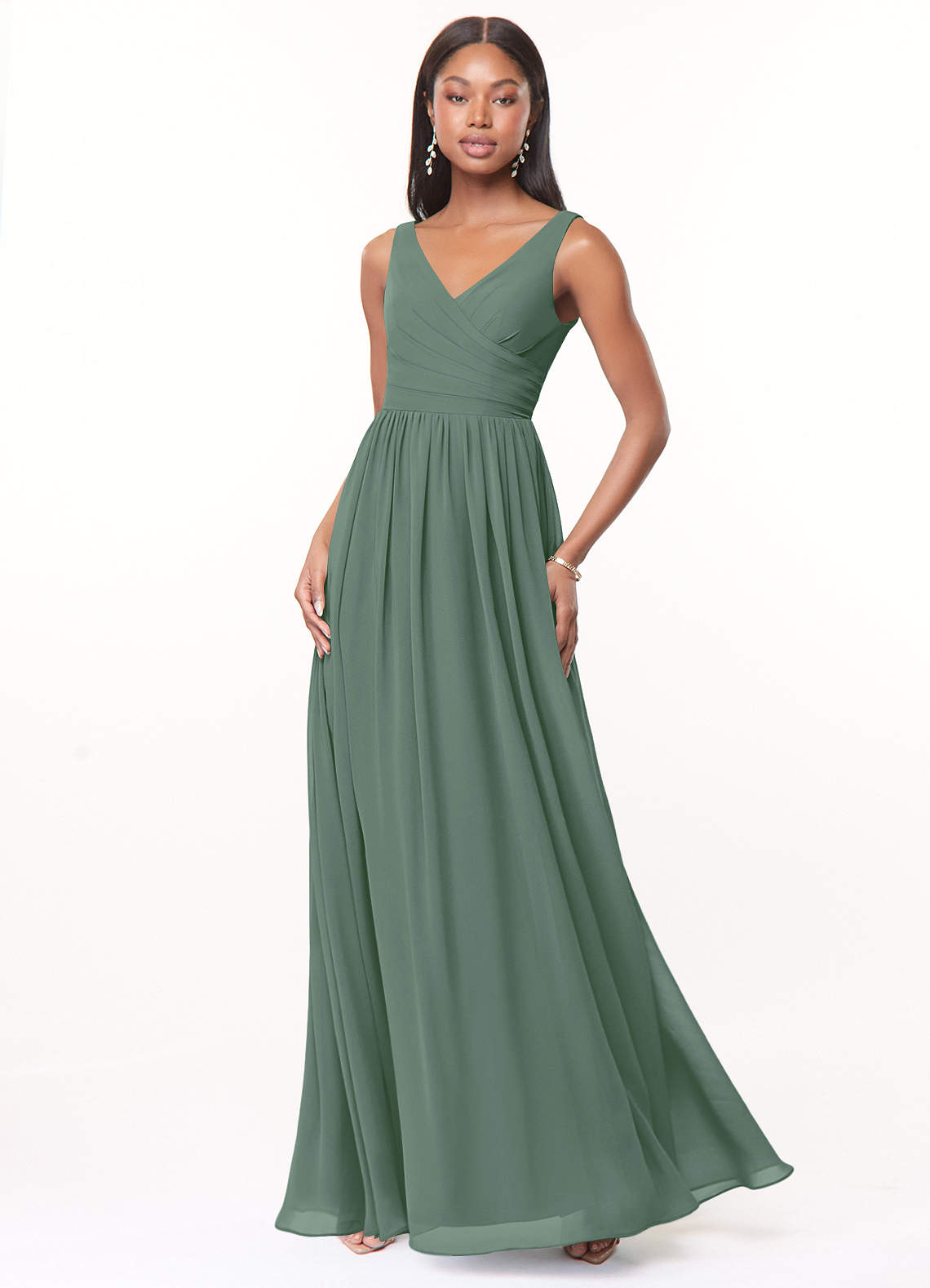 Azazie Keyla At-home Try On Dresses Eucalyptus A-Line V-Neck Pleated Chiffon Dress image1