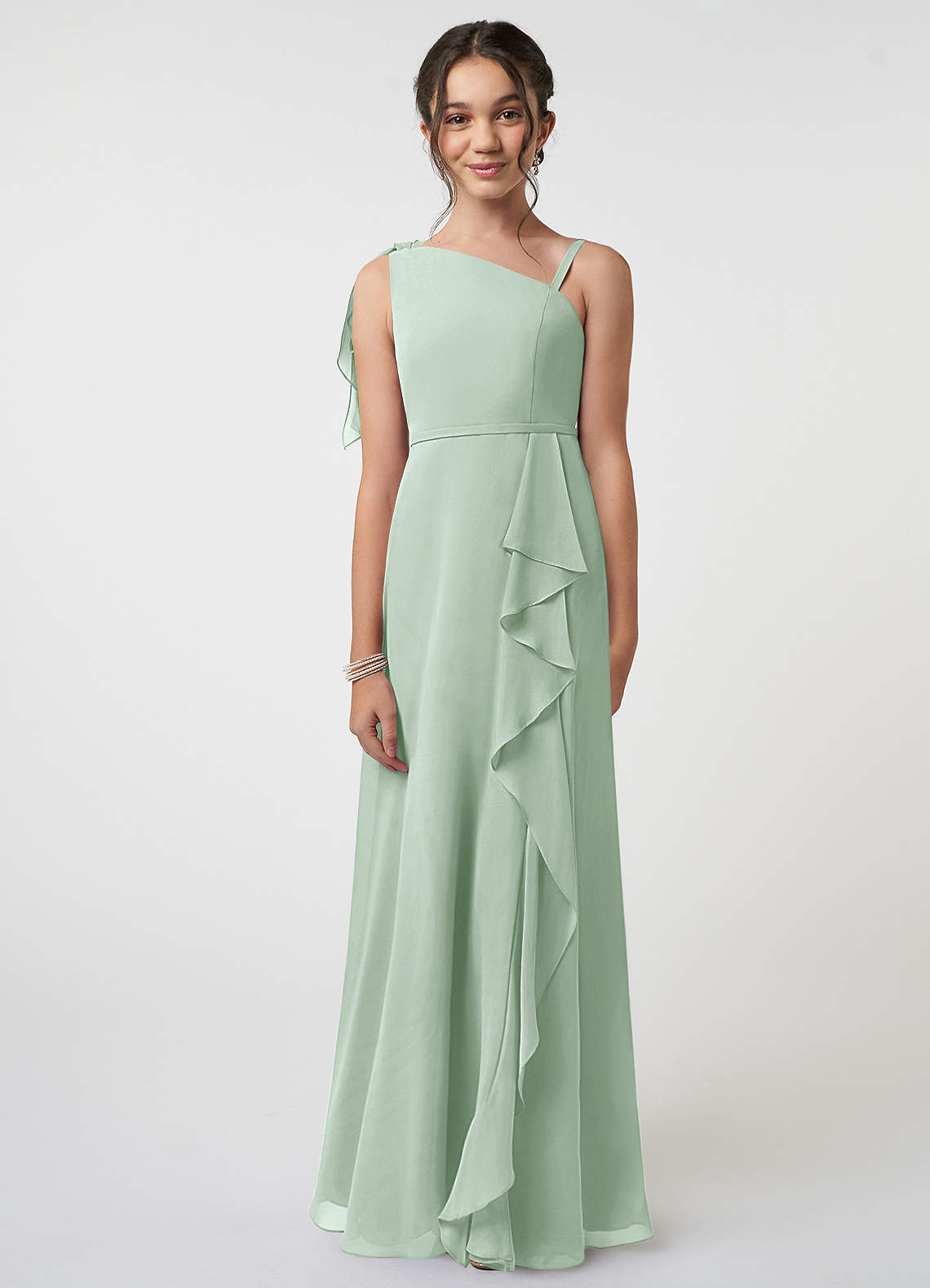 Azazie Aidy Junior Agave A-Line Bow Chiffon Dress image1