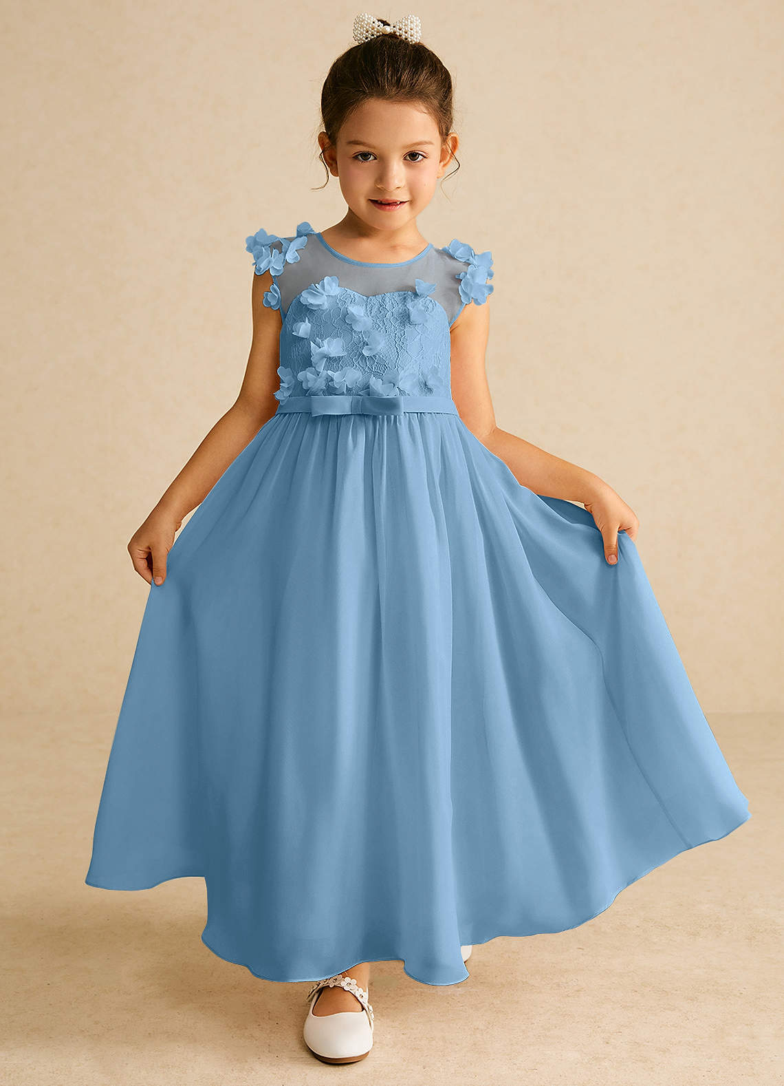 Azazie Arlo Abiti da Ragazza di Fiori Abito A-Line in Chiffon Fiocco Blu Acciaio image1