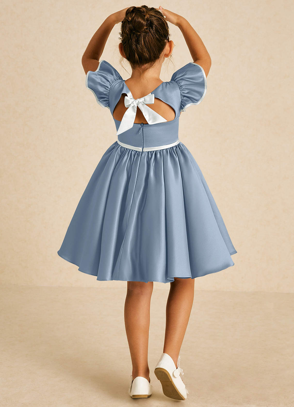 Azazie Sugar Plum Flower Girl Dresses Dusty Blue Ivory A-Line Bow Matte Satin Dress image1