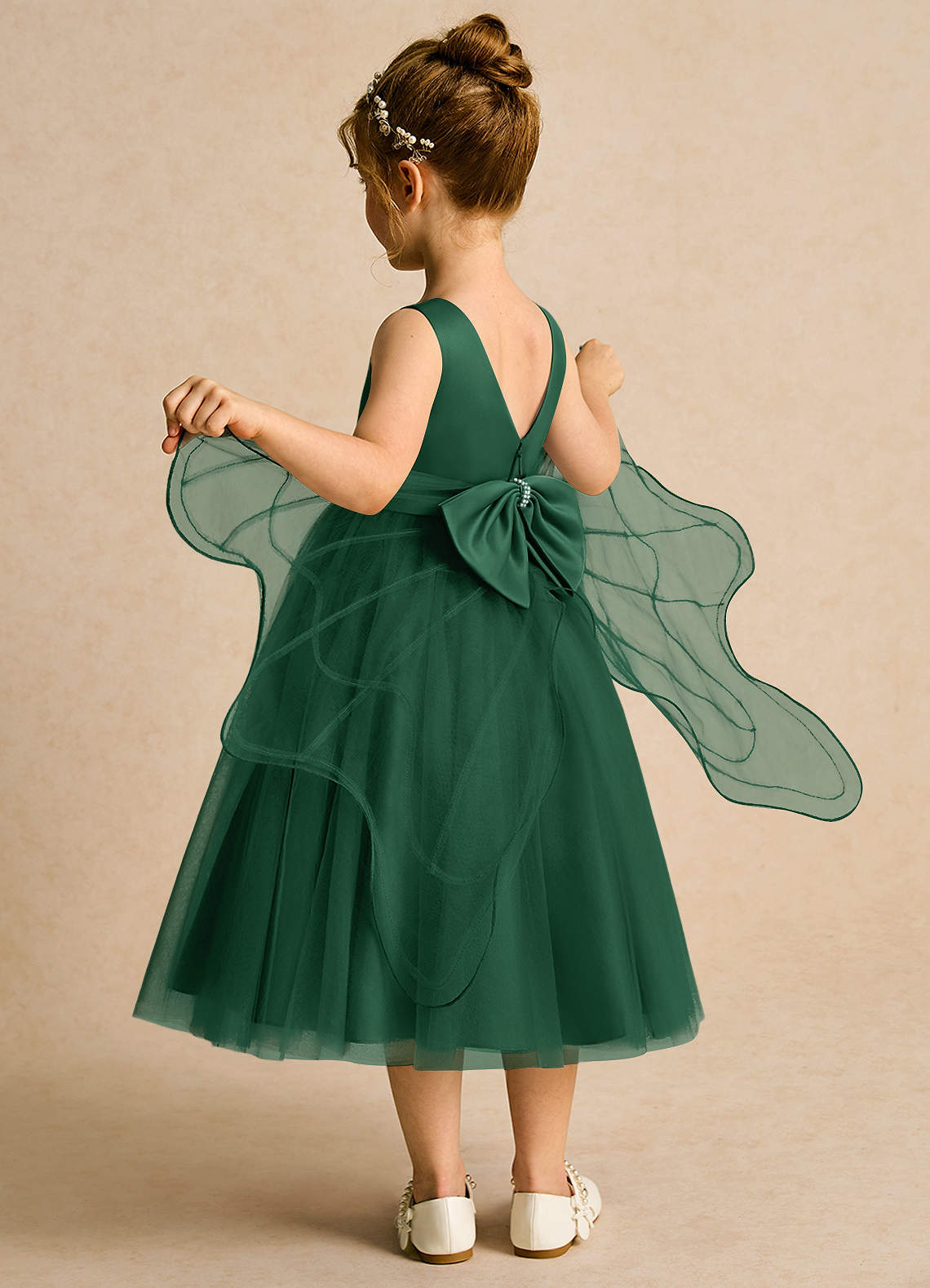dark green flower girl dress Capped Sleeve Satin & Tulle Girls Dress 10 / Hunter Green main image 0