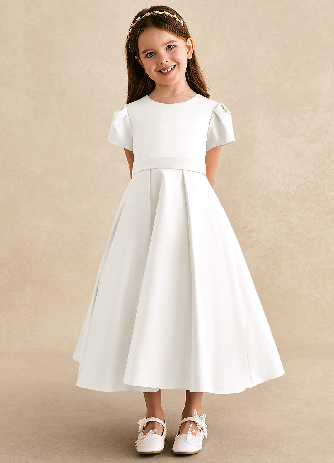 Azazie Princess Flower Girl Dresses Ivory A-Line Pleated Matte Satin Dress image5