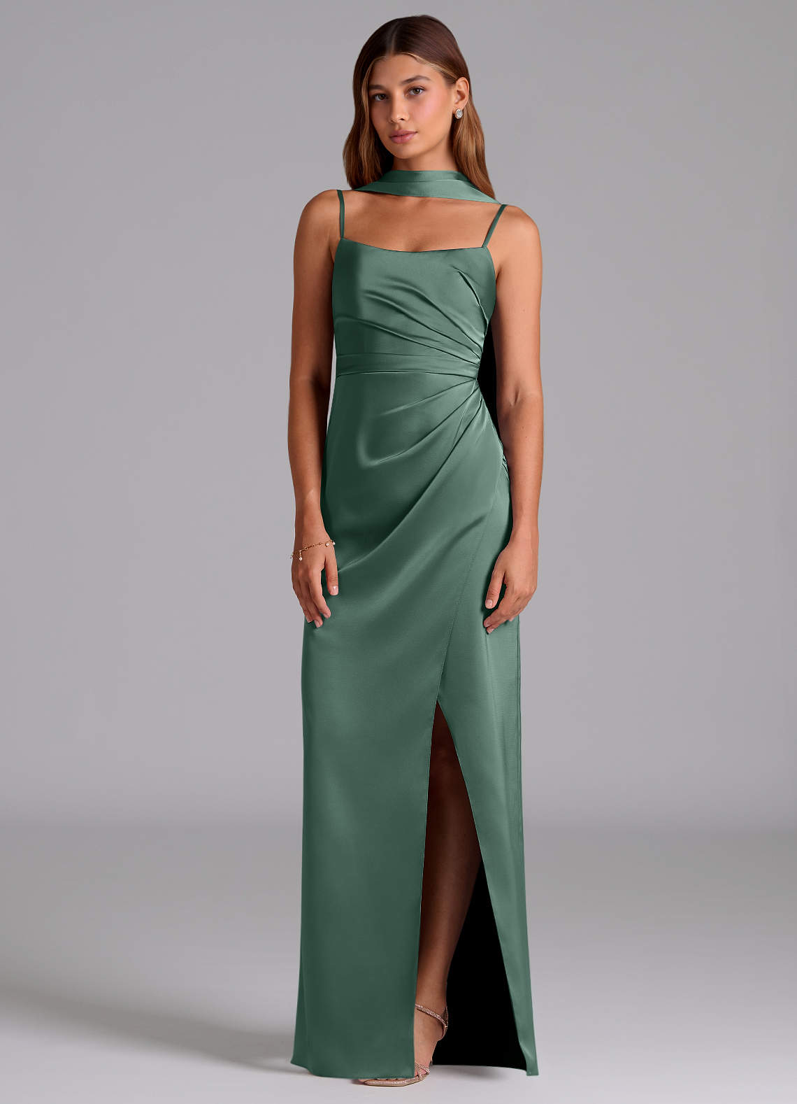 Azazie Calandra Brudepigekjoler En streg Plisseret Stræk satin Gulv-længde Kjole image2