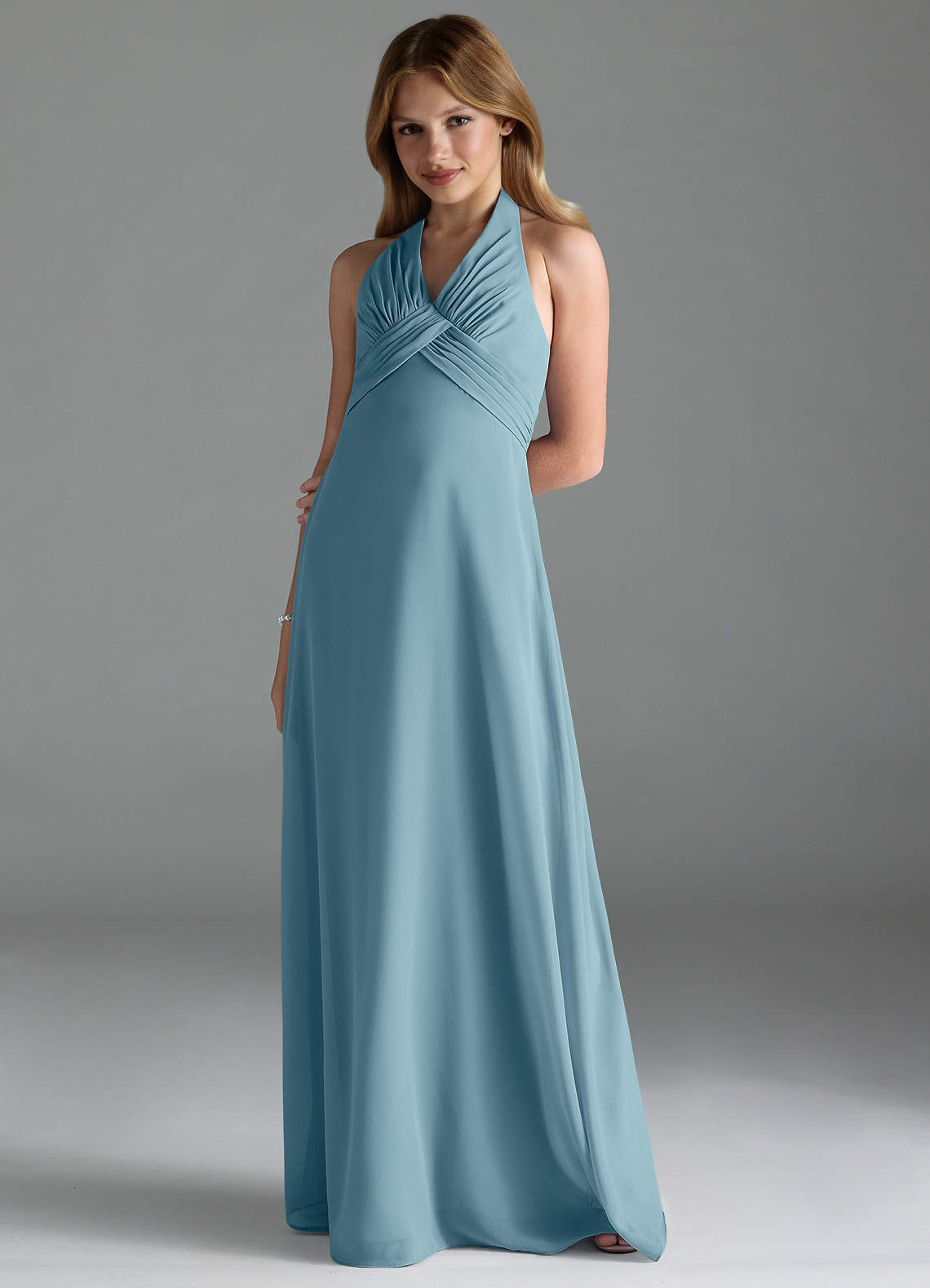 Azazie Tessie Junior A-Linie Plissee Chiffon Kleid Stimmungsvolles Blau image1