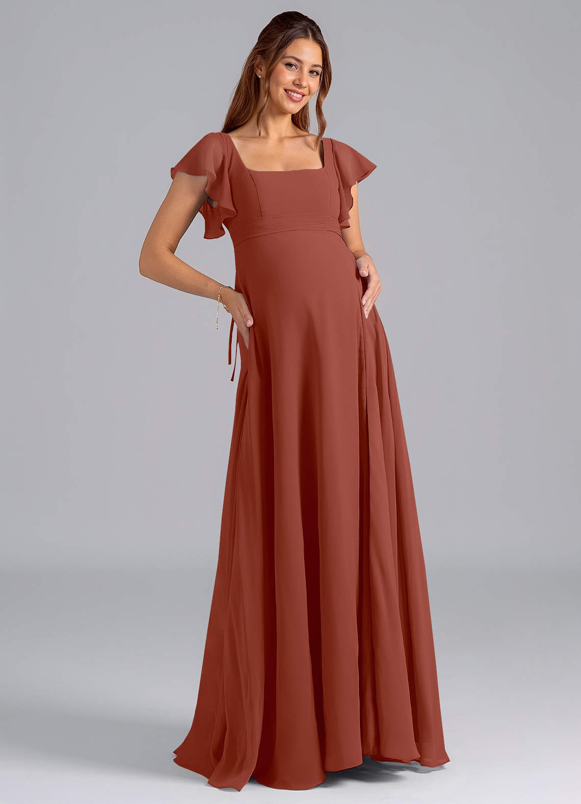 Azazie Bondi Zwangerschaps Bruidsmeisjekleding A-Lijn Ruches Chiffon Vloerlengte Jurk image1