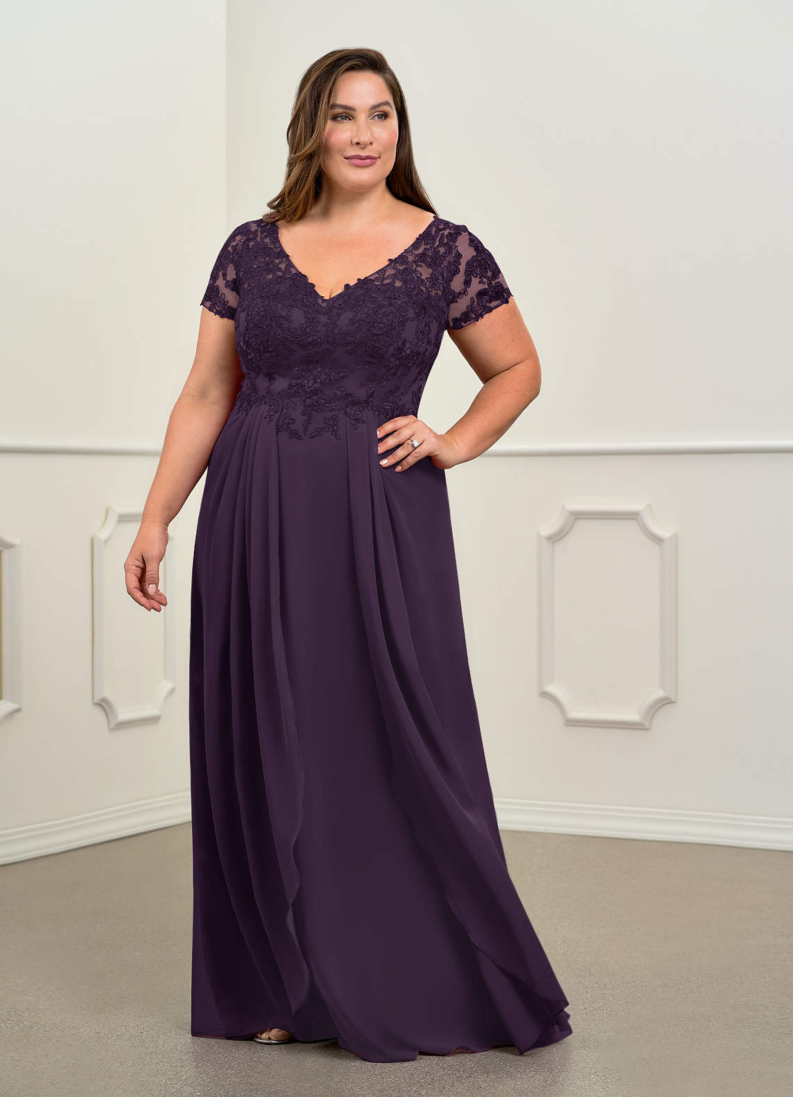 Azazie Dunja Mother of the Bride Dresses Plum A-Line V-Neck Lace Chiffon Dress image2