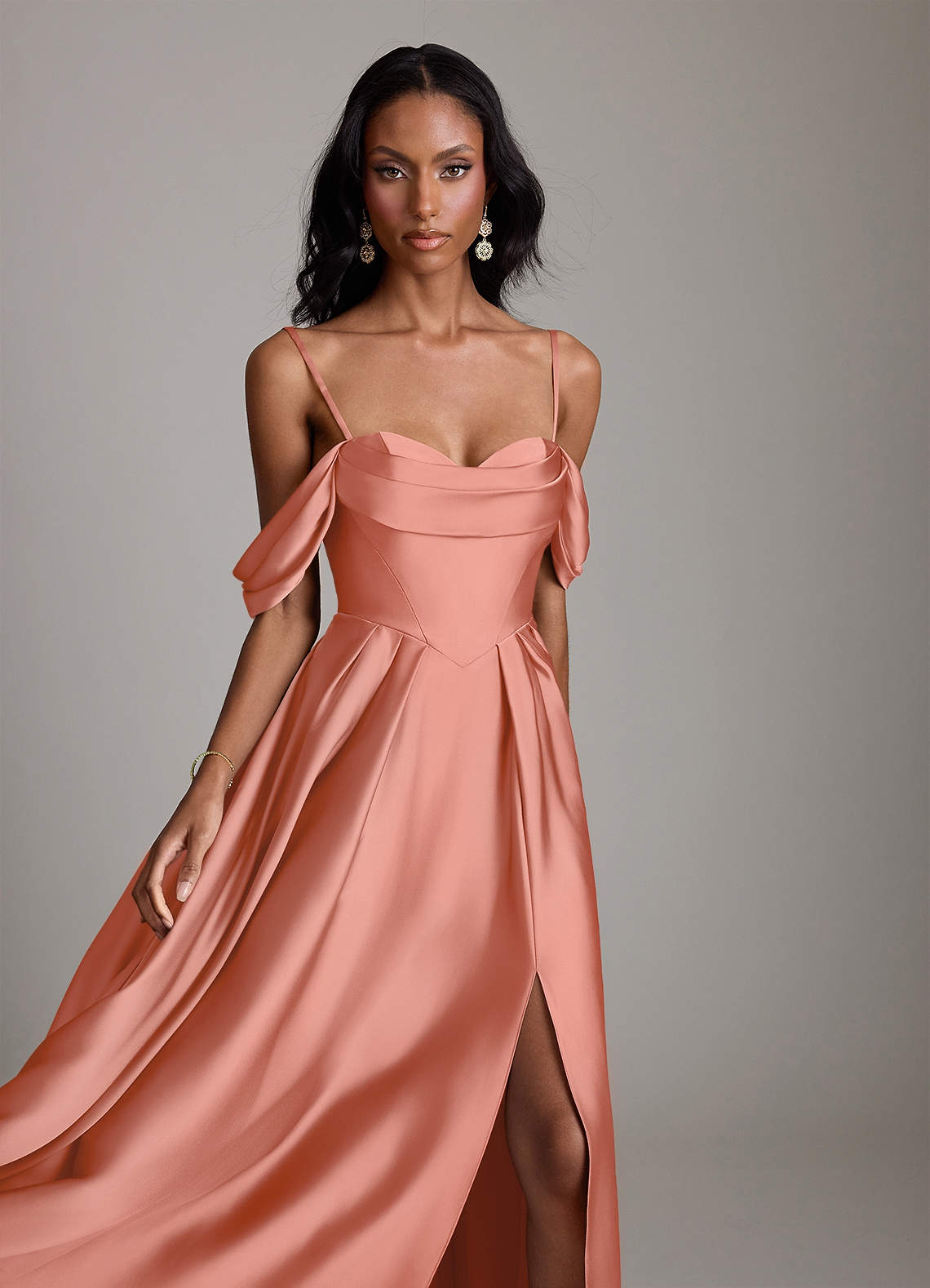 peach satin dress Daphne Cream Maxi Gown with long sleeves Resin buckle detail in bust Define Luxury Satin Maxi Dress