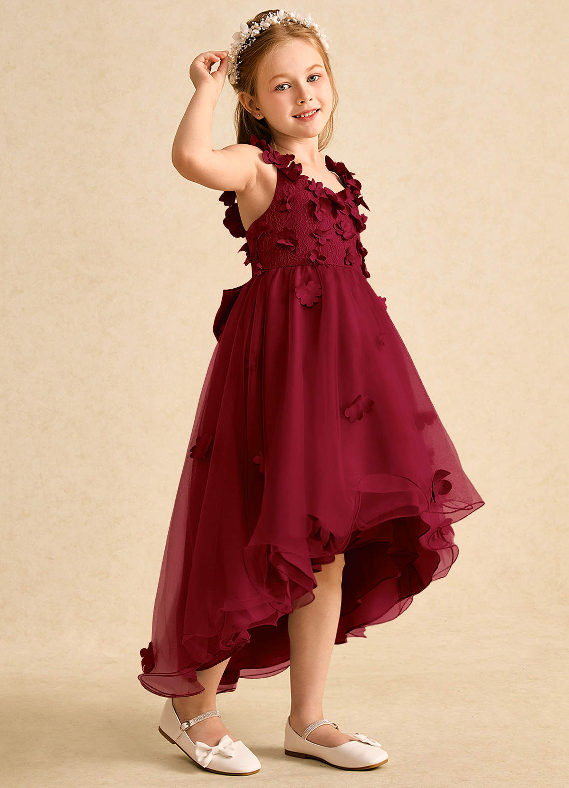 Azazie Tweety Flower Girl Dresses Burgundy A-Line Lace Tulle Dress image1
