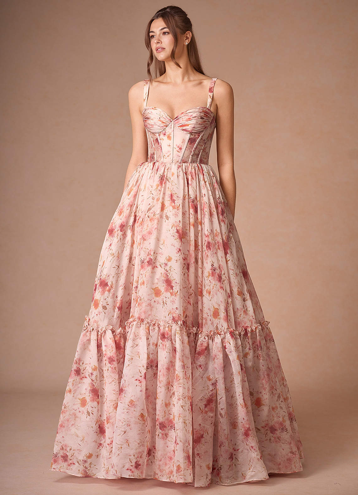 Halame Apricot Multi Sleeveless Floral A-Line Gown image1