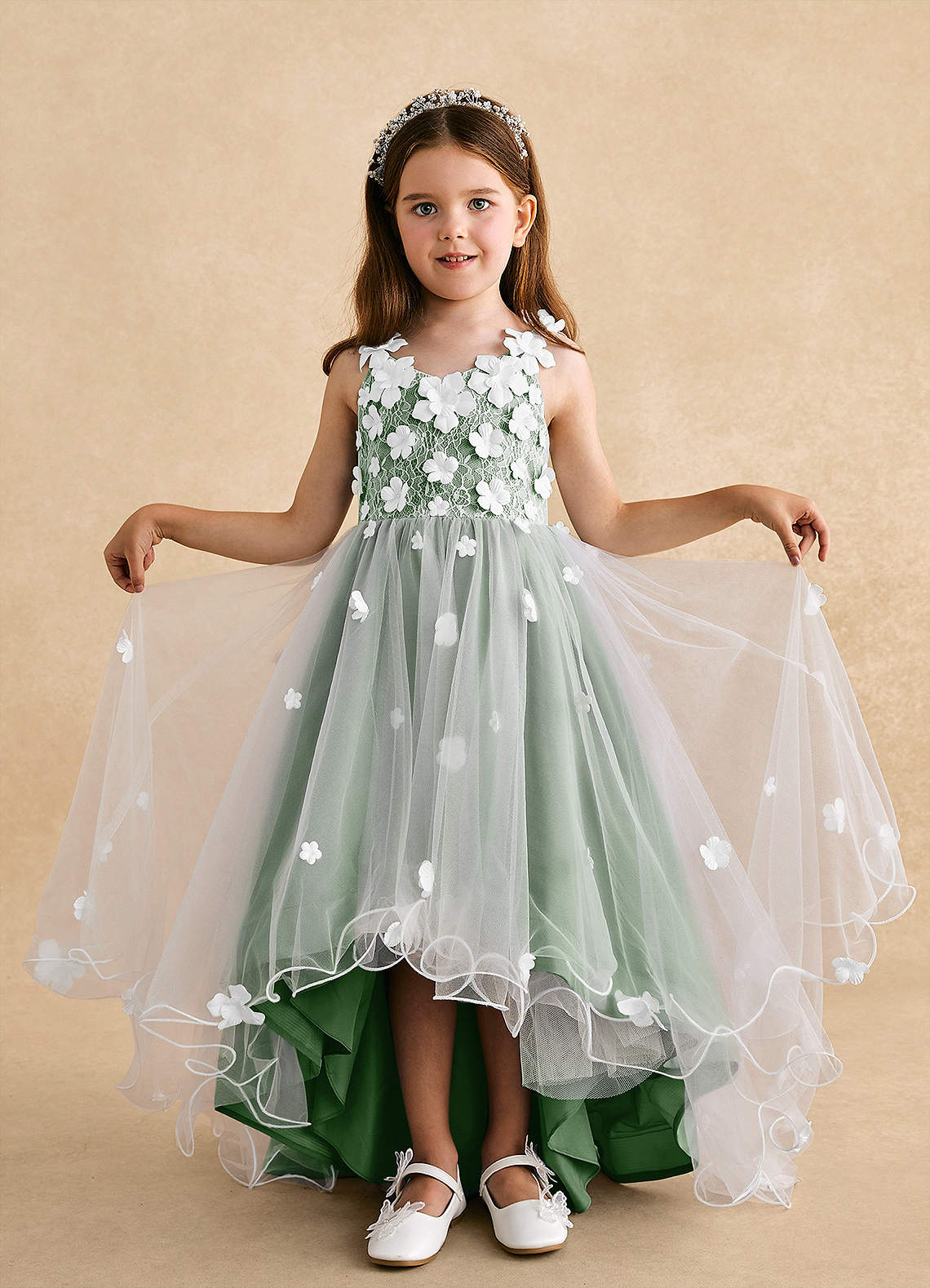 Azazie Celia Flower Girl Dresses Matcha A-Line Lace Tulle Dress image3
