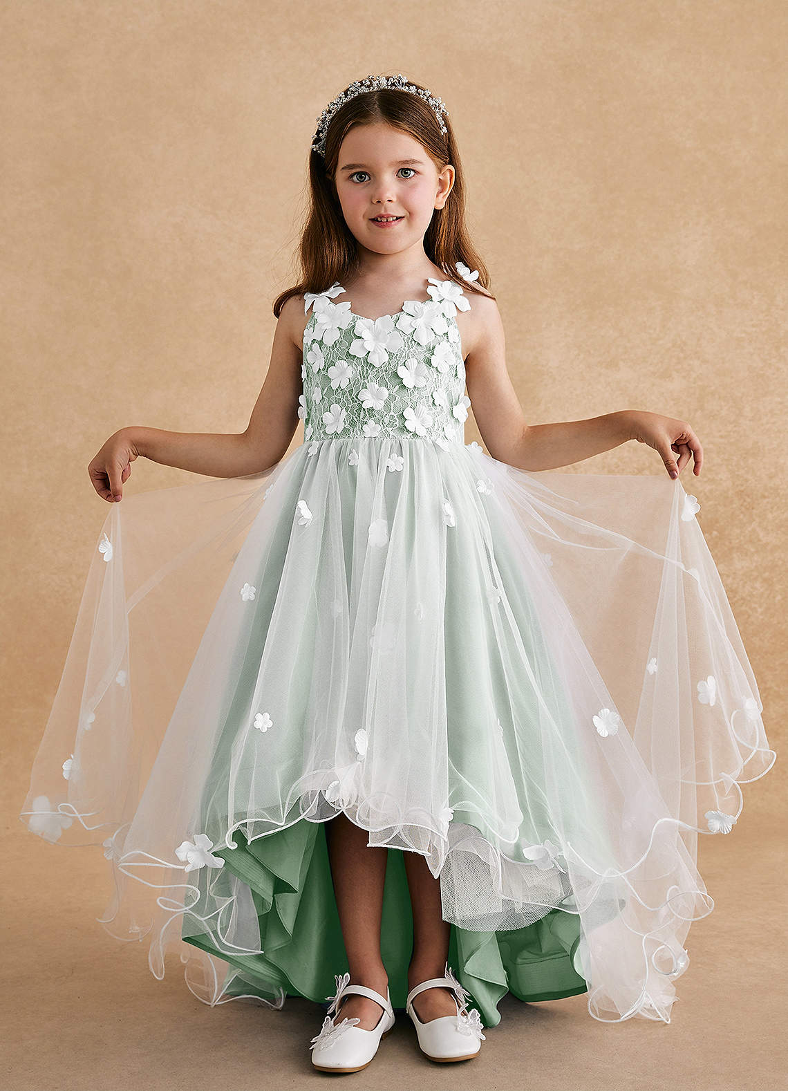 Azazie Celia Flower Girl Dresses Agave A-Line Lace Tulle Dress image3