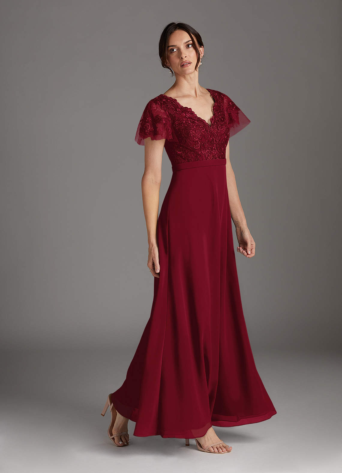 Azazie Singer Burgundy A-Line V-Neck Lace Chiffon Dress | Azazie Azazie Singer Burgundy A-Line V-Neck Lace Chiffon Dress | Azazie