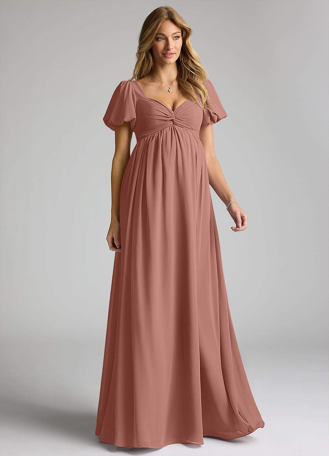Azazie Madisynn Brautjungfernkleider für Schwangere Schleifen Chiffon Bodenlänge Kleid image1