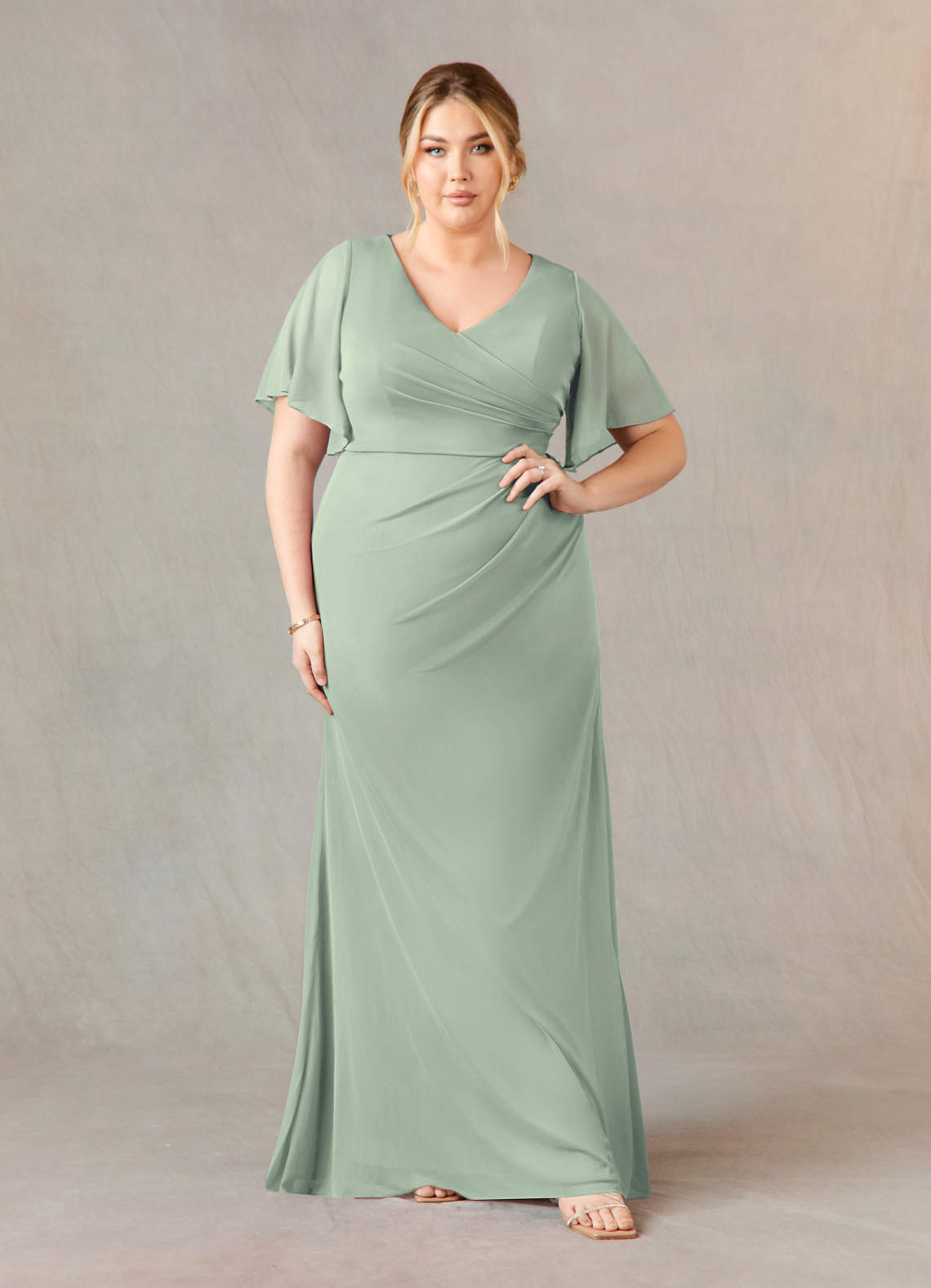 Dusty Sage Azazie Selah A-Line V-Neck ruched Mesh Floor-Length Dress ...