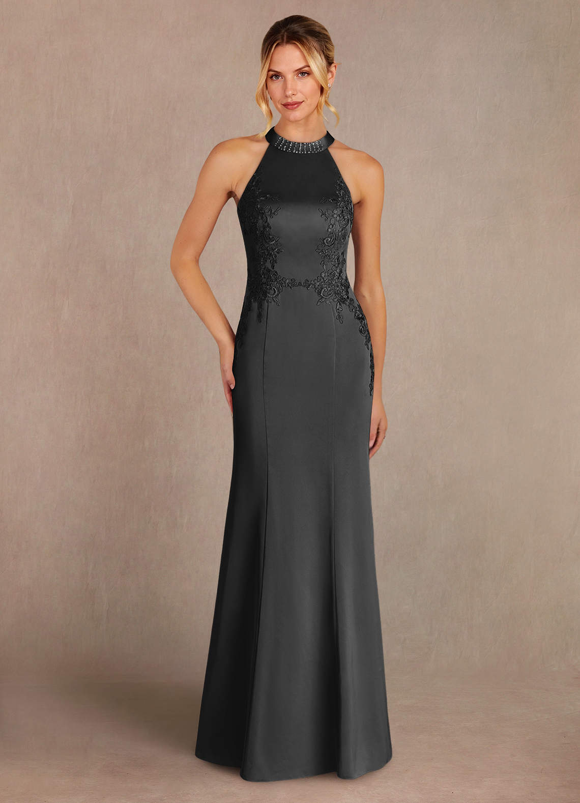 Azazie Tyra Abiti per la Madre della Sposa Abito Sirena in Raso Elasticizzato Pizzo Nero image1