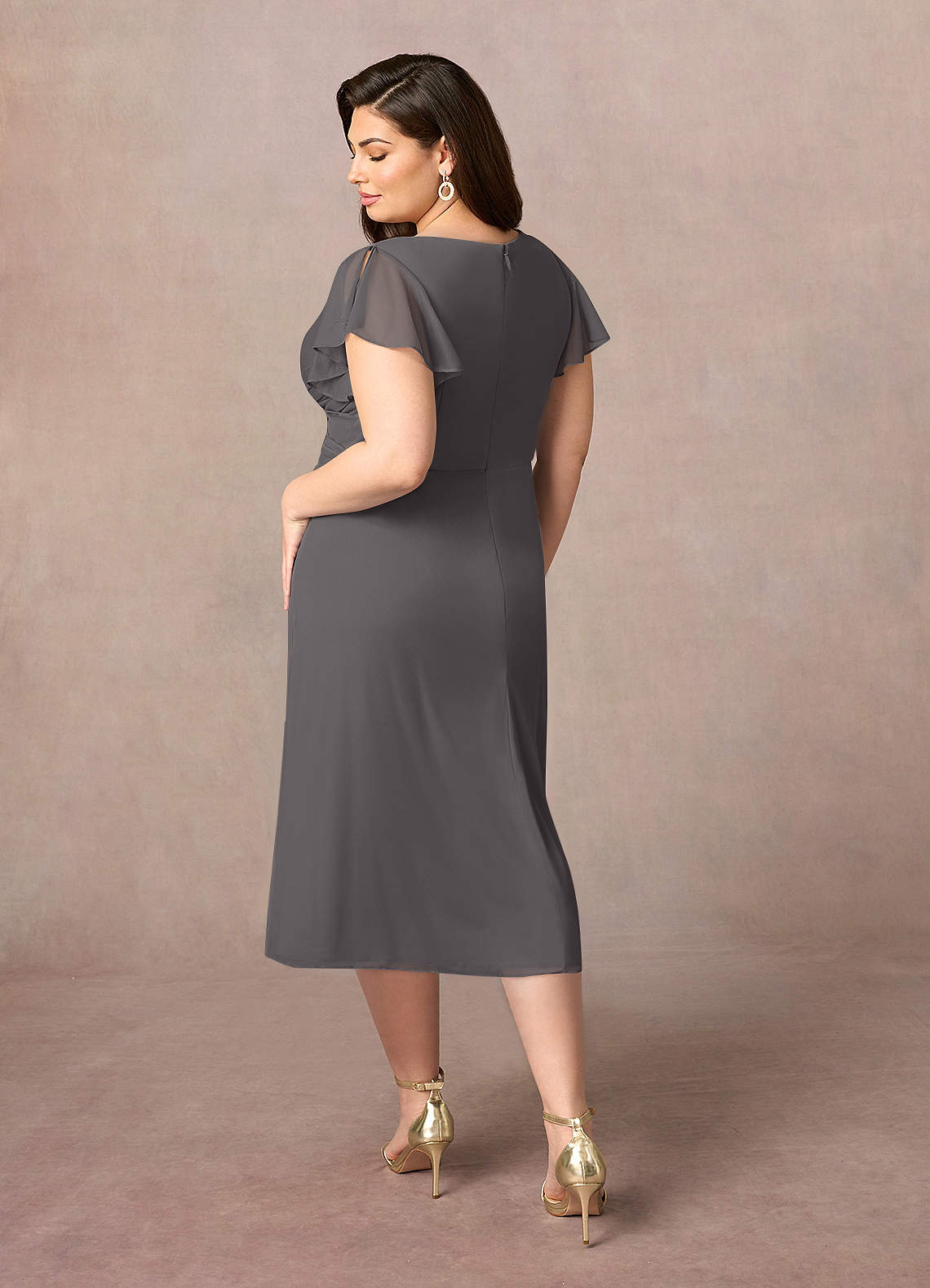Azazie Vera Mother of the Bride Dresses Steel Grey A-Line V-Neck Pleated Mesh Dress image7