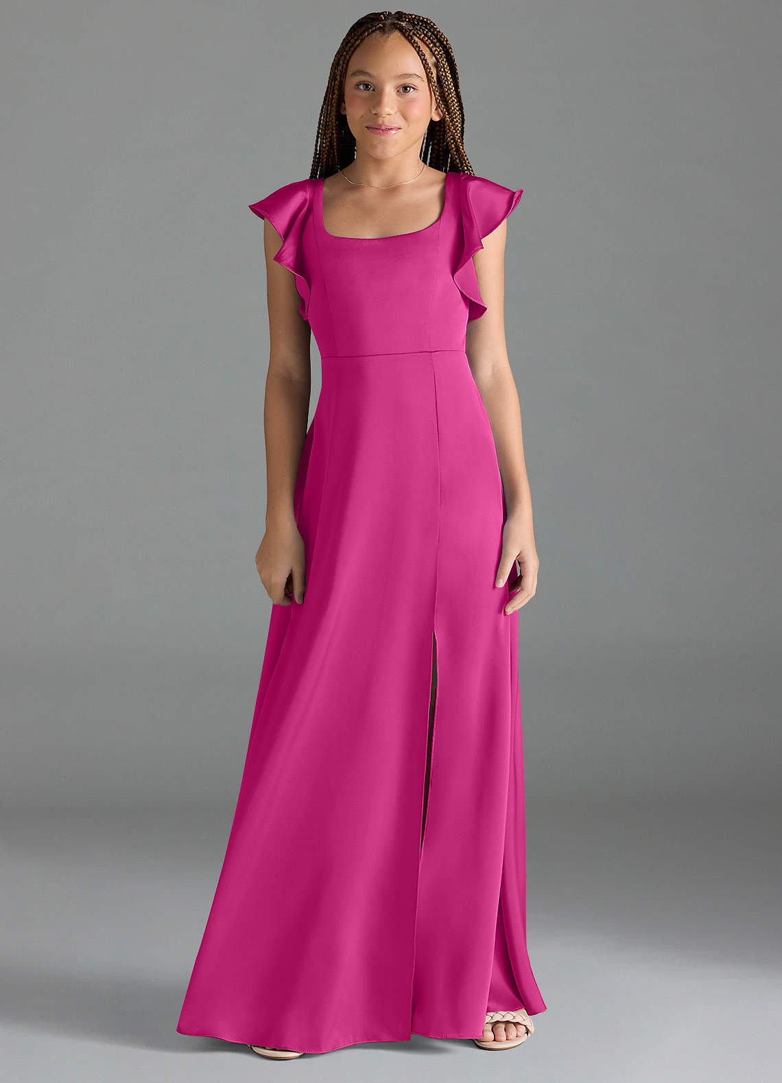 Azazie Bondi Junior Vestido de Fucsia de Satén Elástico de Corte En A con Corte Lateral image1