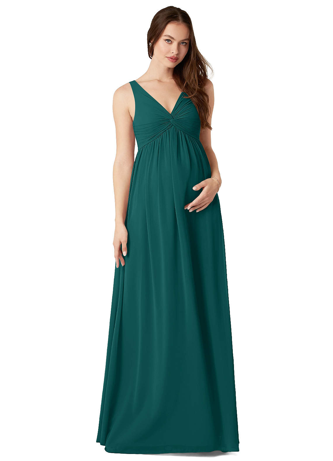 Azazie Yetta vestidos de dama de honor de maternidad Vestido de Corte En A Cuello en V fruncido Hasta el suelo Gasa image1