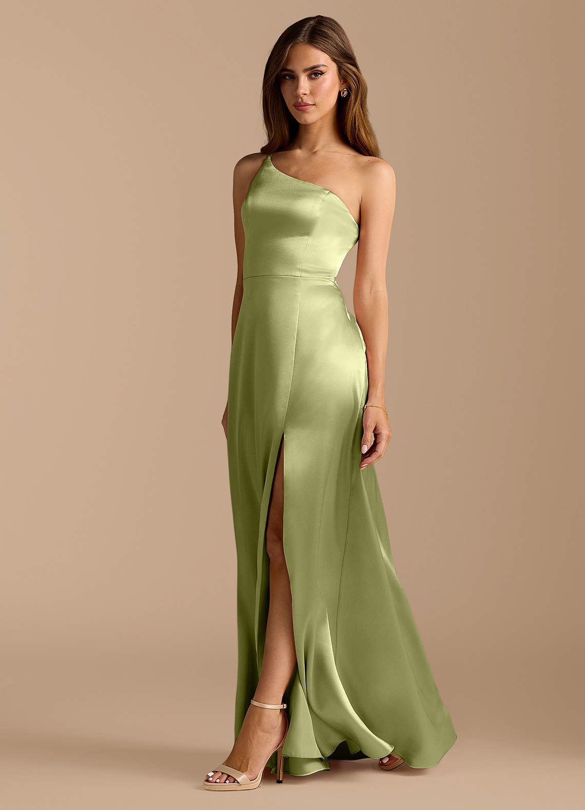 Azazie Trina Bridesmaid Dresses Pistachio A-Line One Shoulder Metallic Satin Dress image1