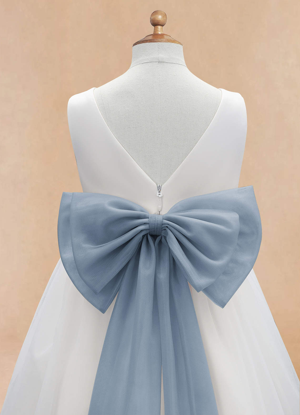 Azazie Kavi Flower Girl Dresses Ivory Dusty Blue A-Line Bow Matte Satin Dress image9