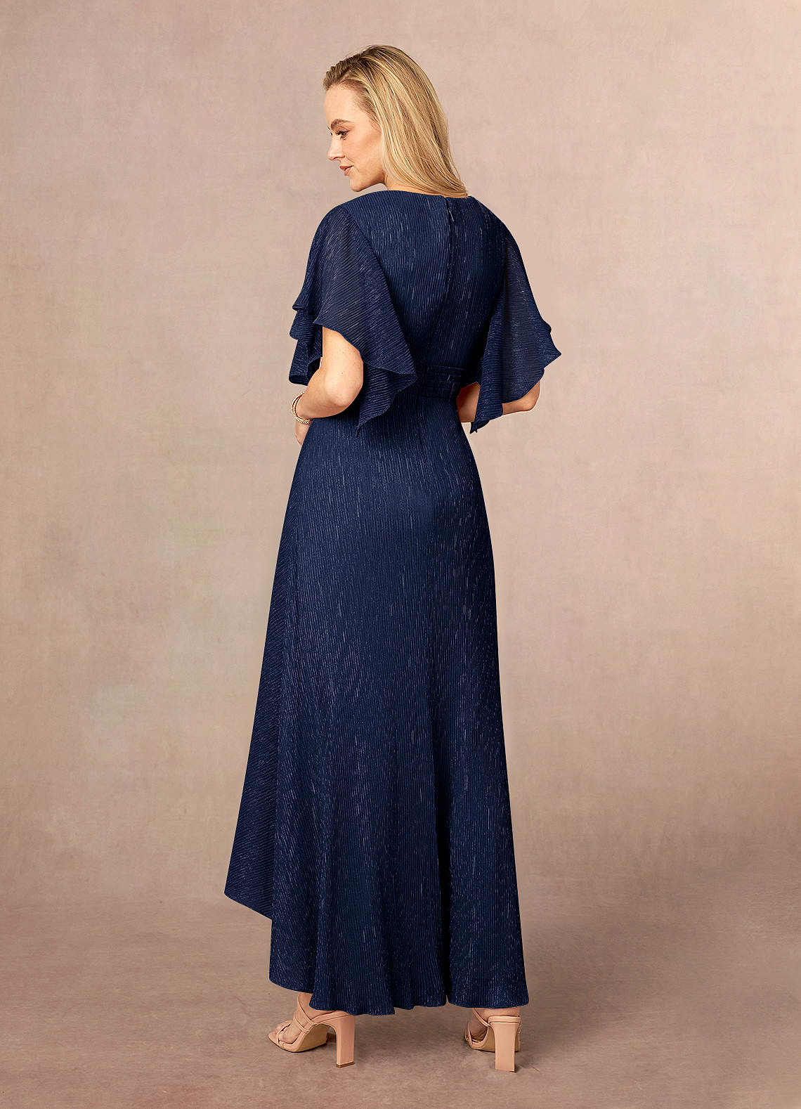 metallic flutter sleeve dress R M Richards Plus Size Printed Metallic Flutter Sleeve Ruched Tiered Waist Long Mother of the Bride Dress, Womens, 16W, Navy/Periwinkle