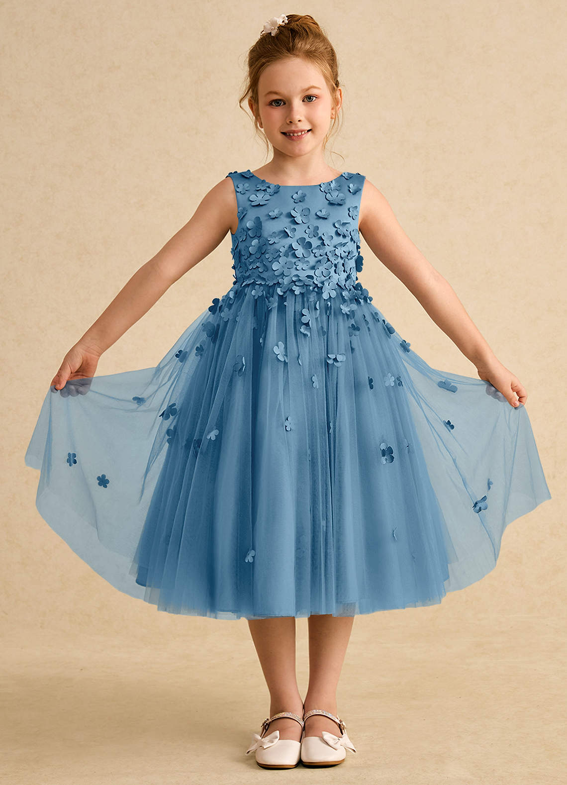 Azazie Lana Flower Girl Dresses Steel Blue A-Line Sleeveless Matte Satin Dress image1