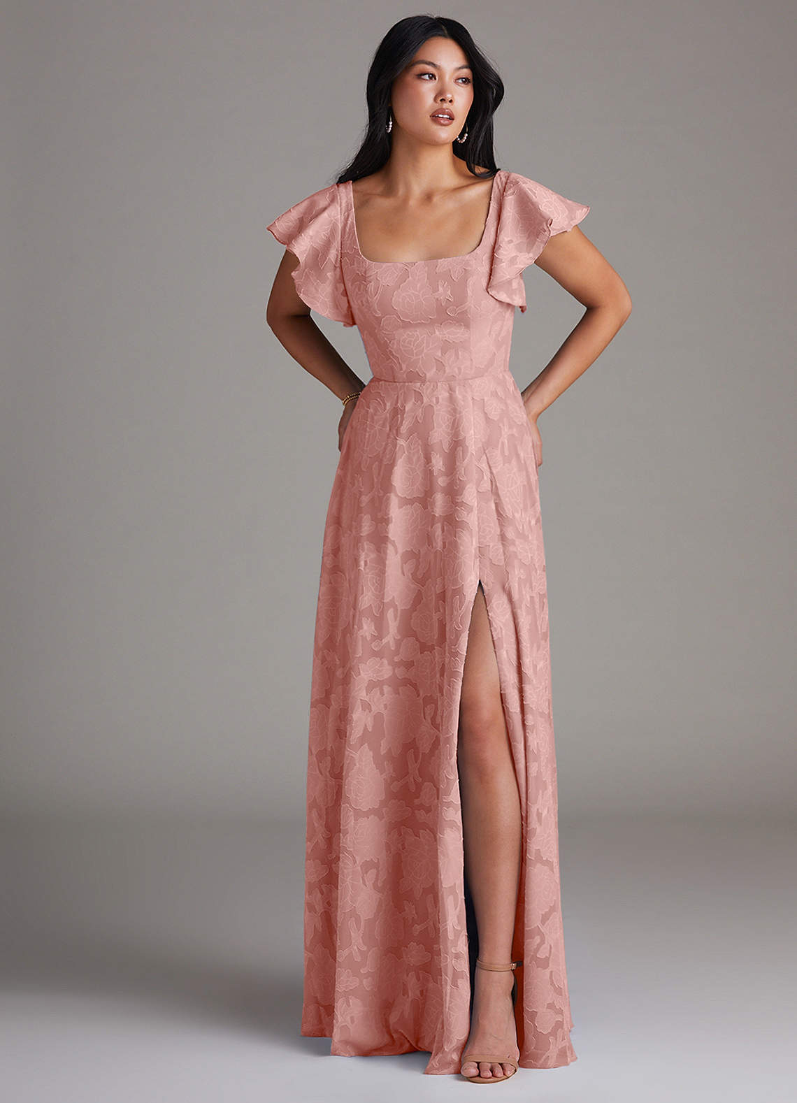 Azazie Bondi Vestidos de madrinha de casamento Vestido Roseta de Esgotamento Floral de Linha A com Racha Lateral image3