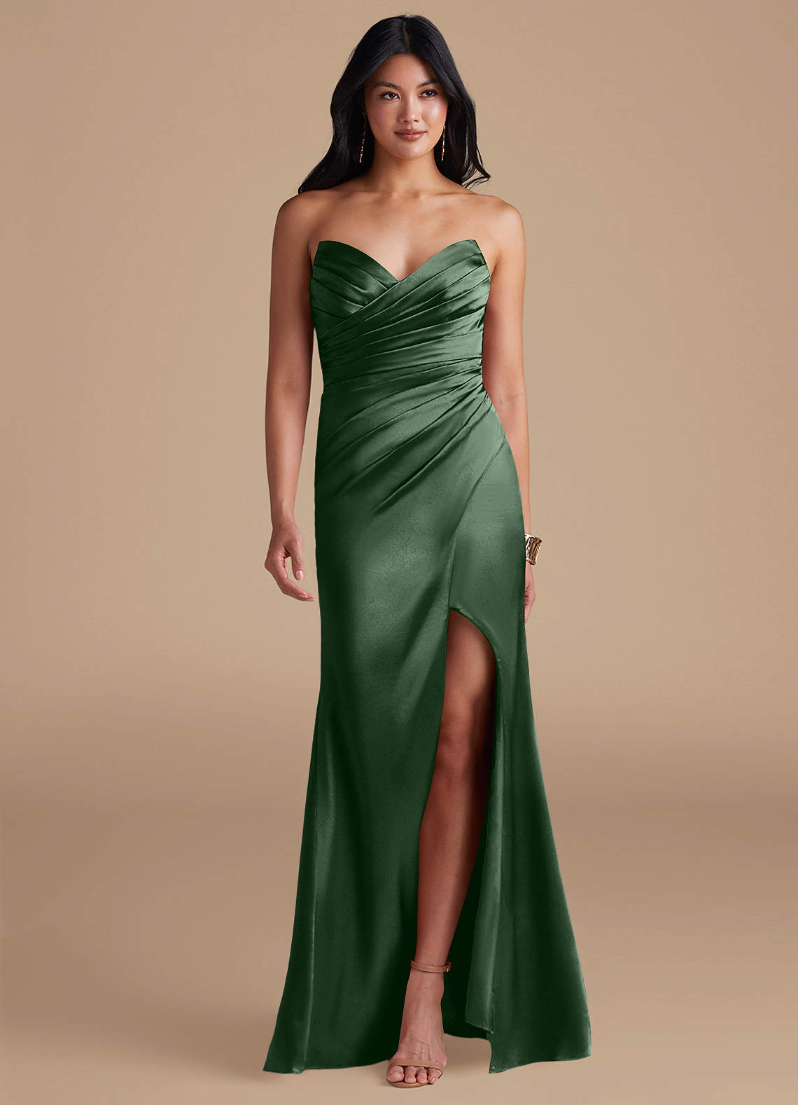 Azazie Yola Bridesmaid Dresses Eucalyptus Sheath Pleated Metallic Satin Dress image1