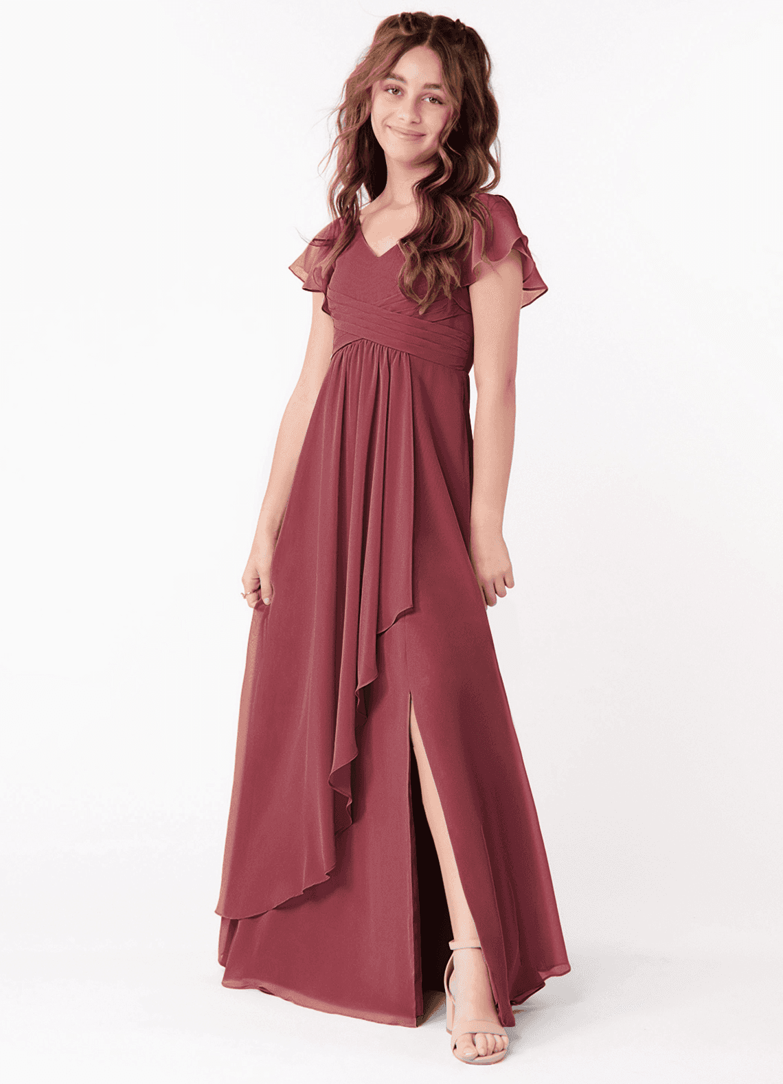 Azazie Omari Junior Vestido de Merlot de Gasa de Corte En A con Volante image1