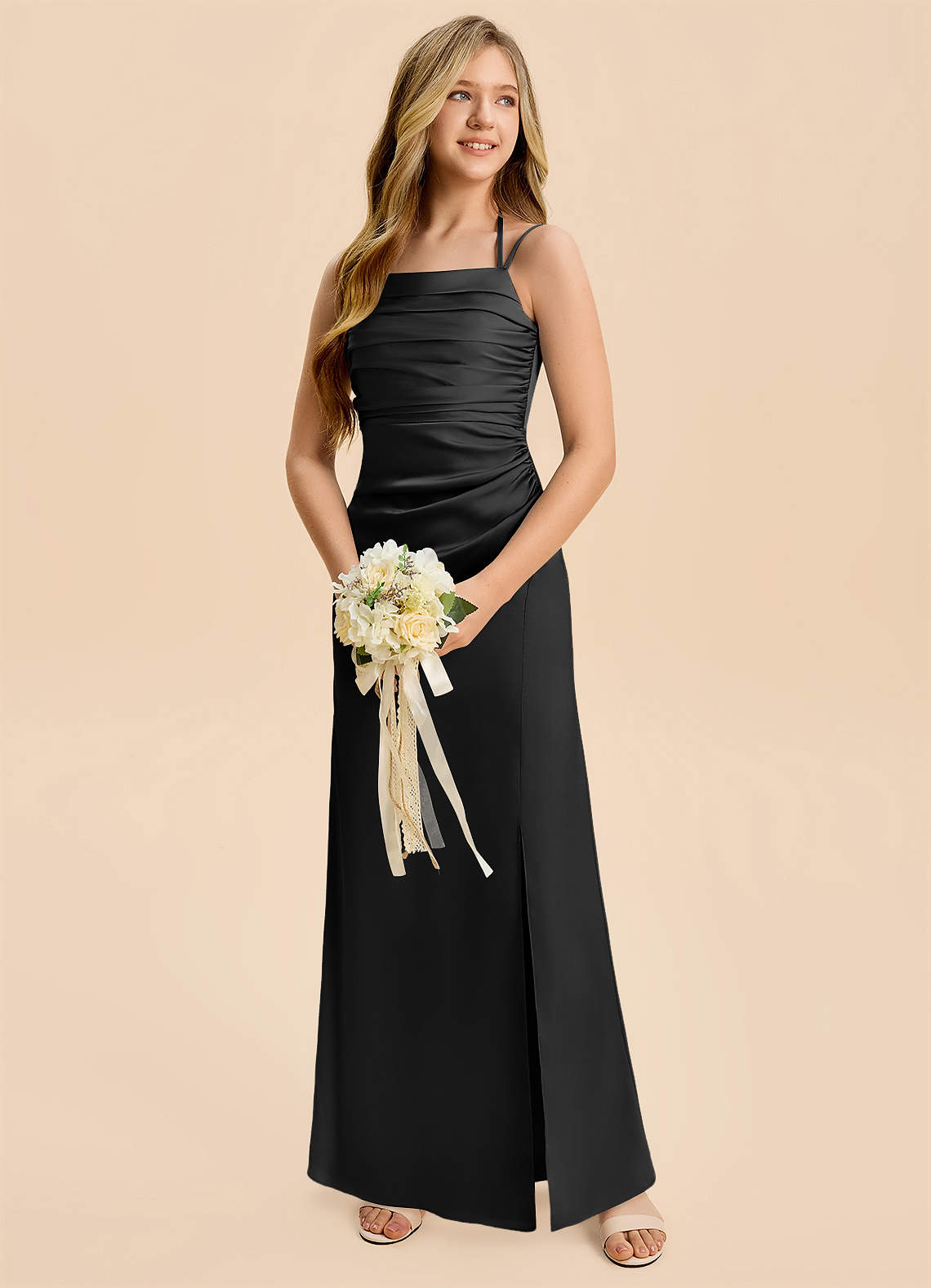 Azazie Nova Junior Black A-Line Pleated Stretch Satin Dress image2