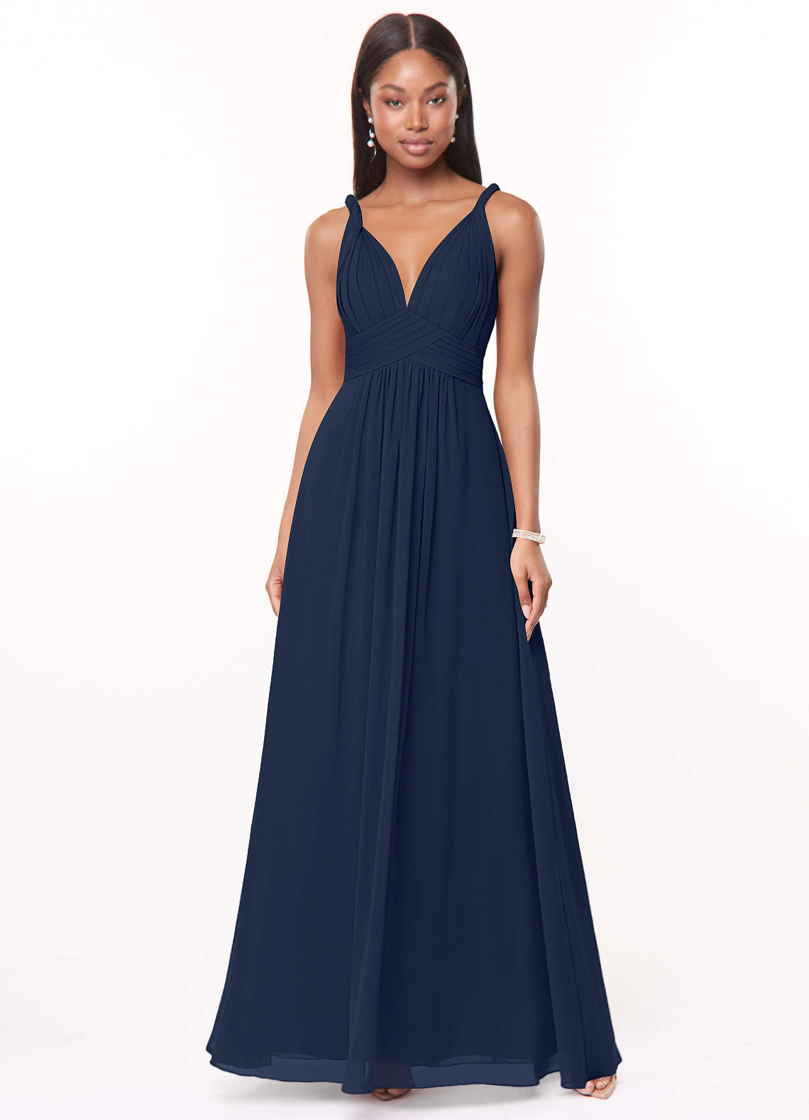 Azazie Maren Robes de demoiselle d'honneur Robe Trapèze en Mousseline de soie Plissée Bleu Marine Foncé image1