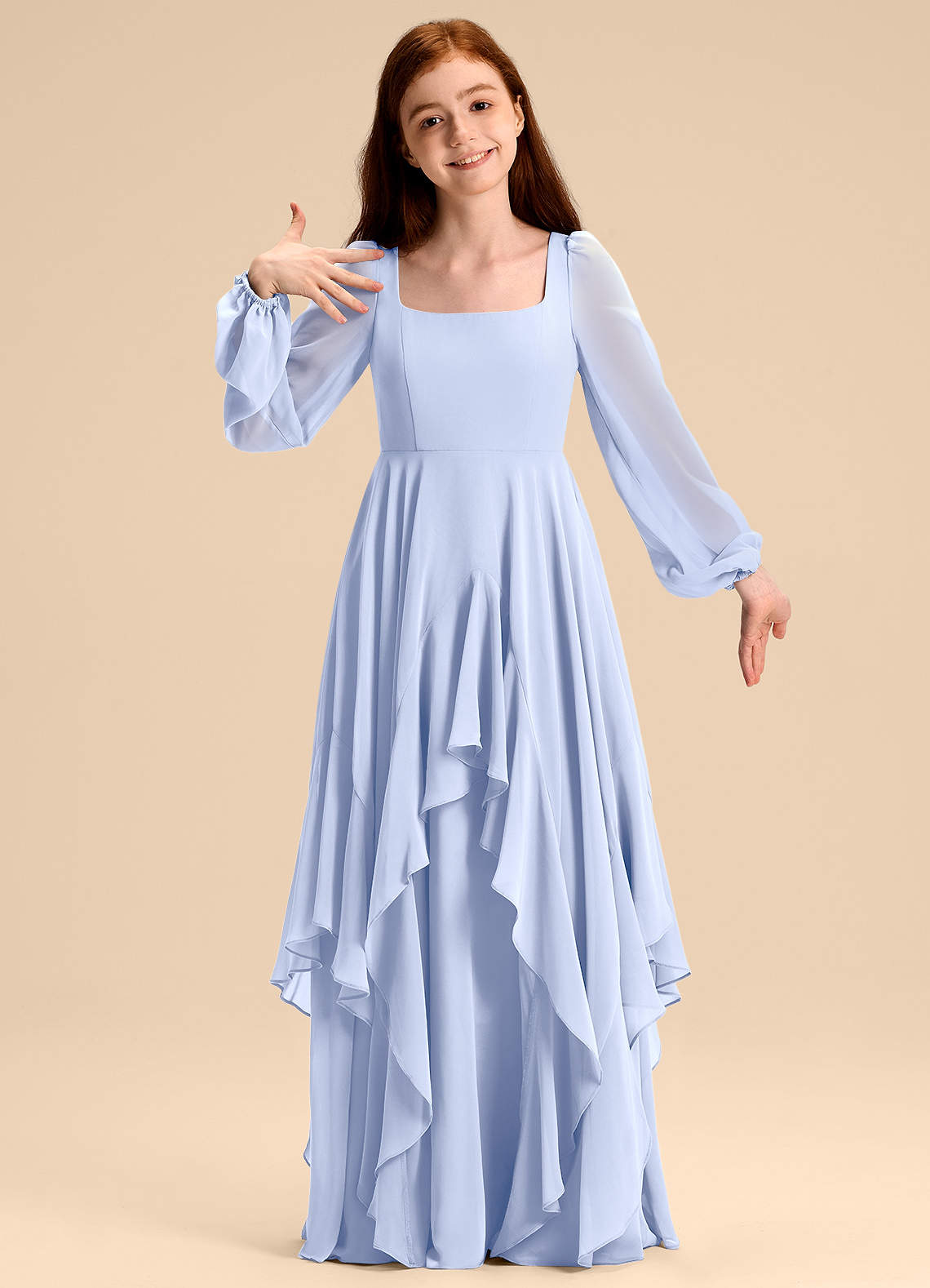 Azazie Clara Junior Abito A-Line in Chiffon Blusa Ghiaccio image1