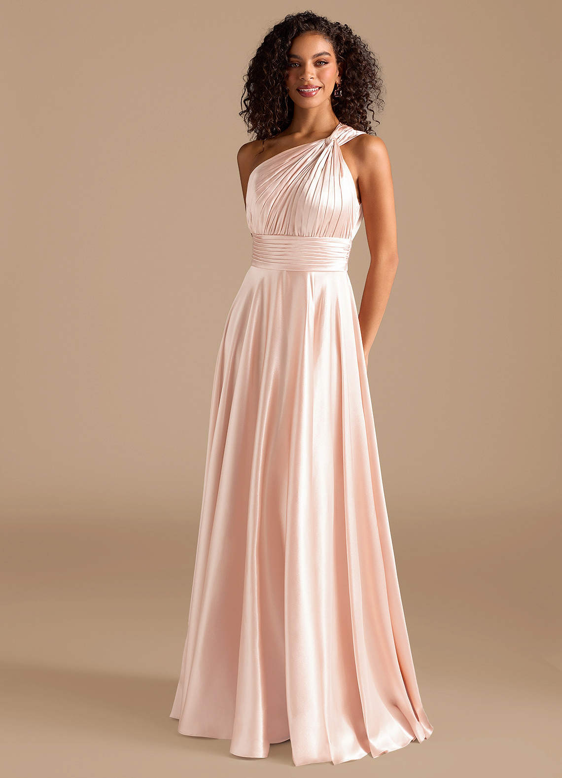 Azazie Charlize Bridesmaid Dresses Rose Gold A-Line One Shoulder Metallic Satin Dress image1