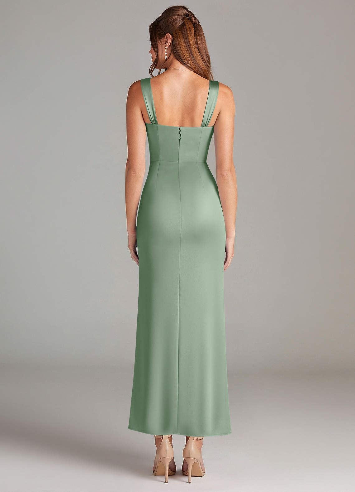 Azazie Denice Brautjungfernkleider Etui Plissee Stretch-Satin Kleid Matcha image1