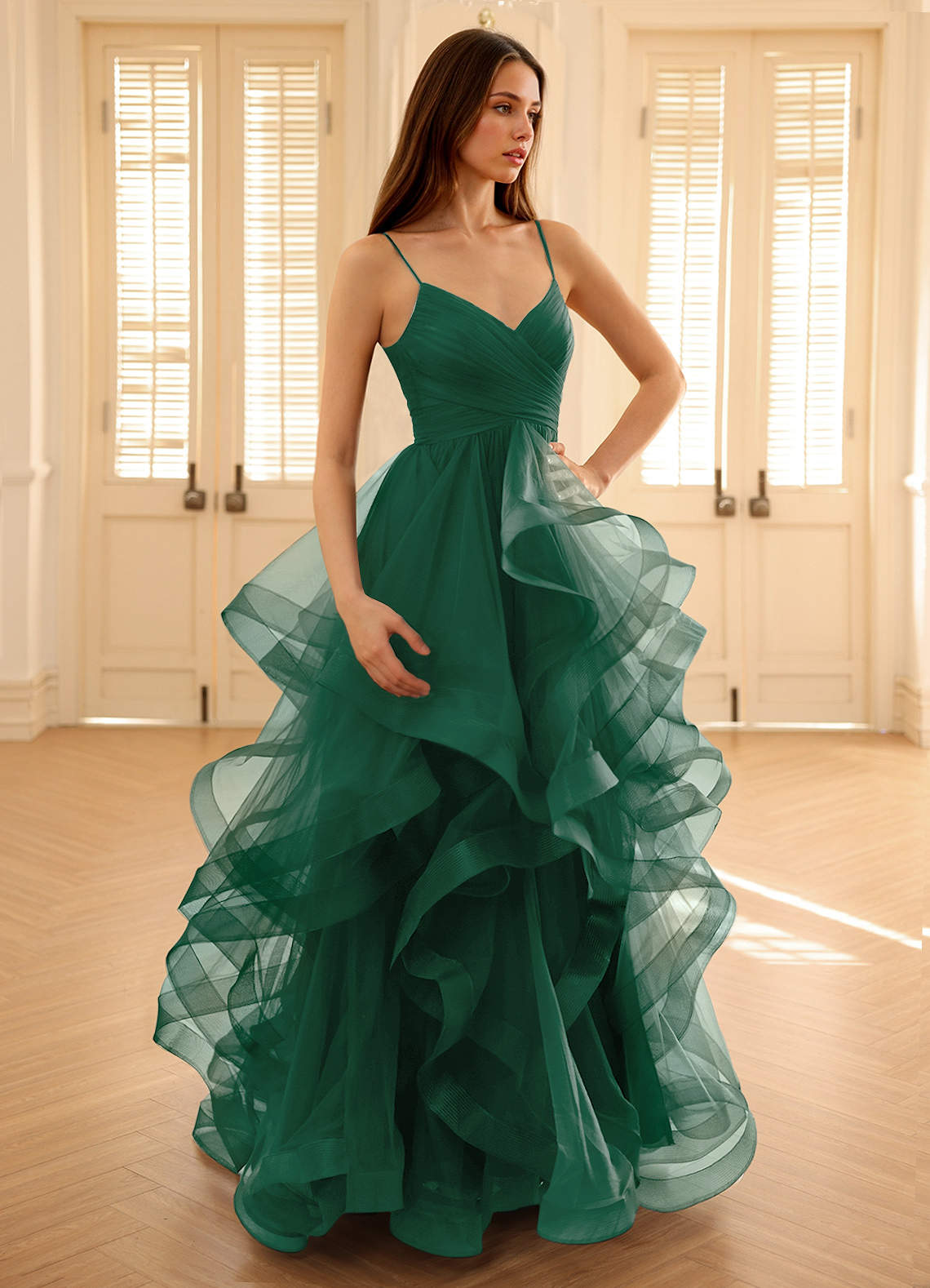 knee length dresses for ladies A Line Emerald Green Satin Long Prom Dress With High Slit,WP041 – winkbridal