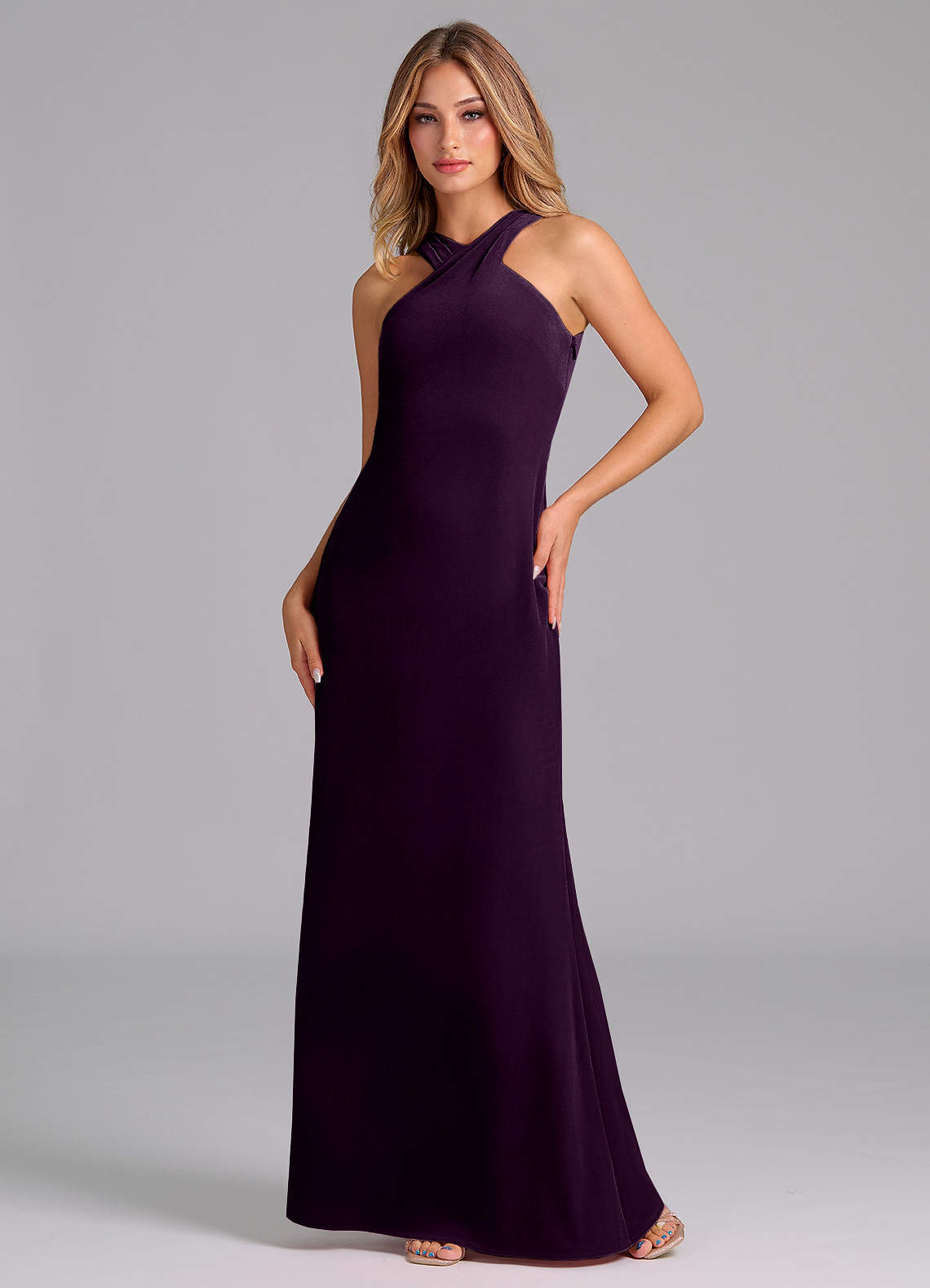 Azazie Doretta Vestidos de damas de honor Vestido de Uva de terciopelo de Corte Sirena con Plisado image1